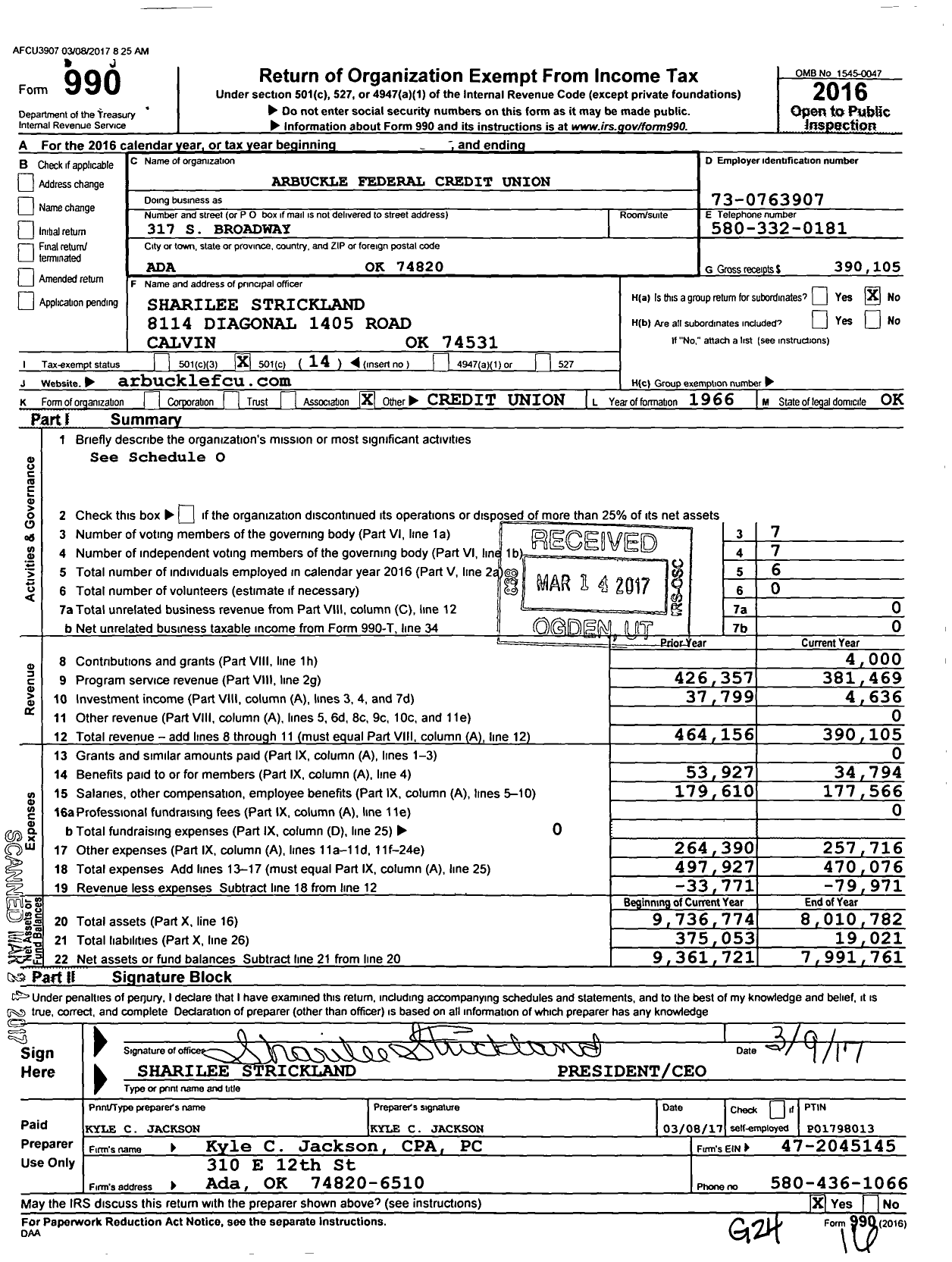Image of first page of 2016 Form 990O for Arbuckle Federal Credit Union