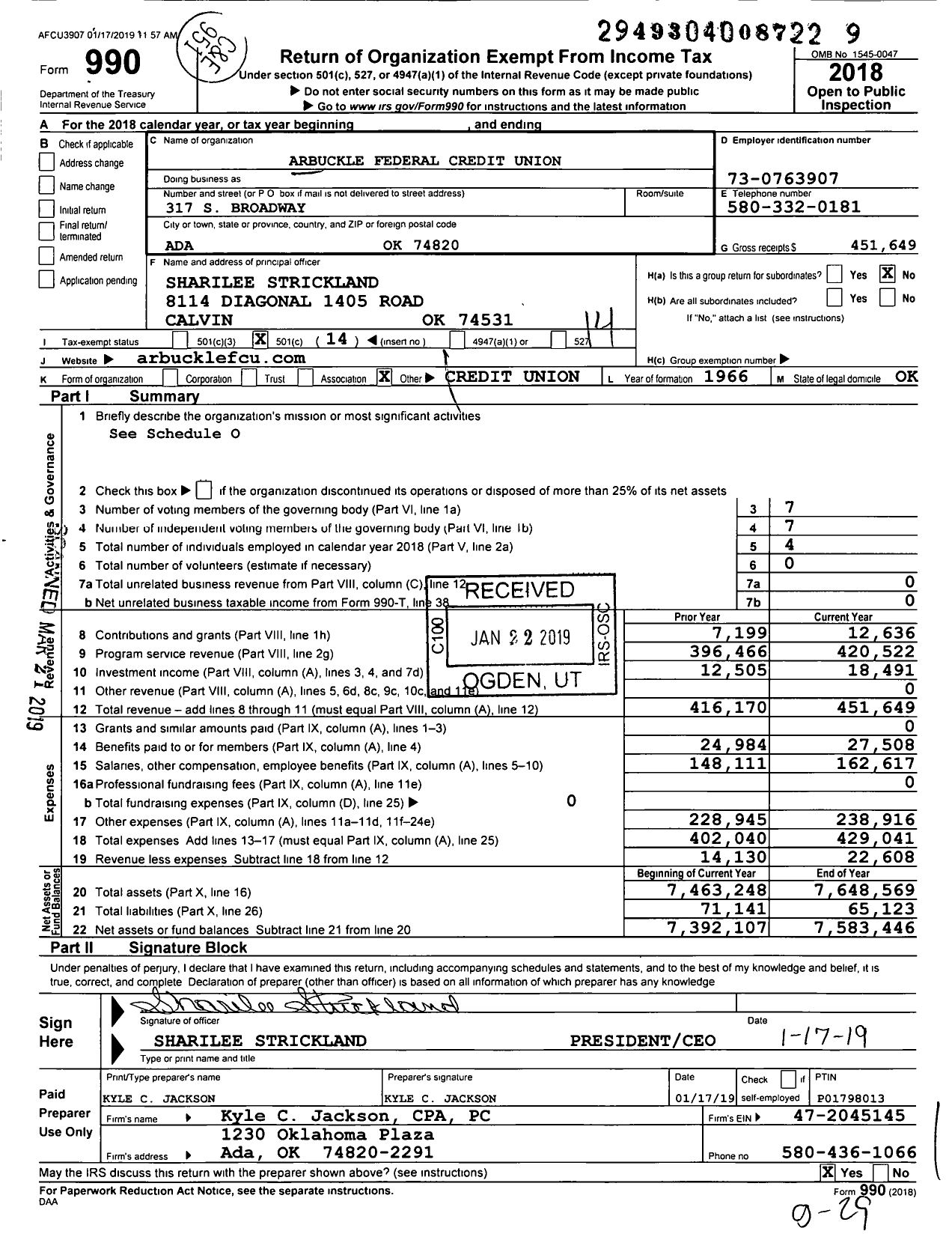 Image of first page of 2018 Form 990O for Arbuckle Federal Credit Union