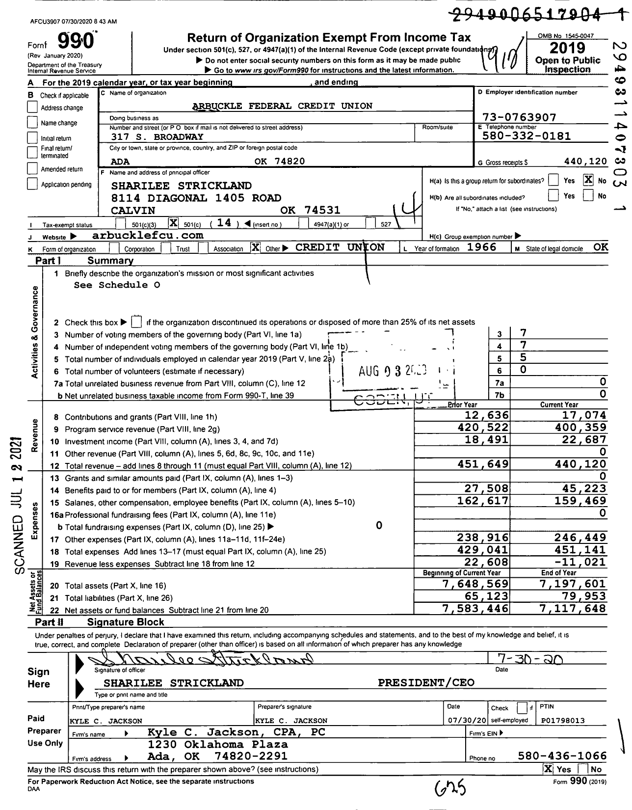 Image of first page of 2019 Form 990O for Arbuckle Federal Credit Union