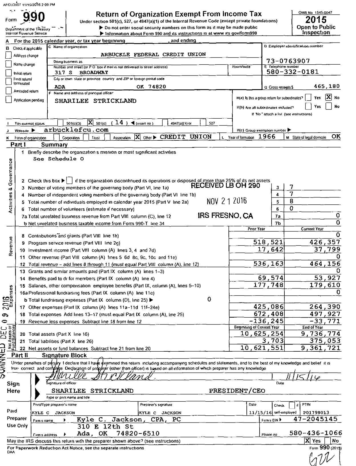 Image of first page of 2015 Form 990O for Arbuckle Federal Credit Union