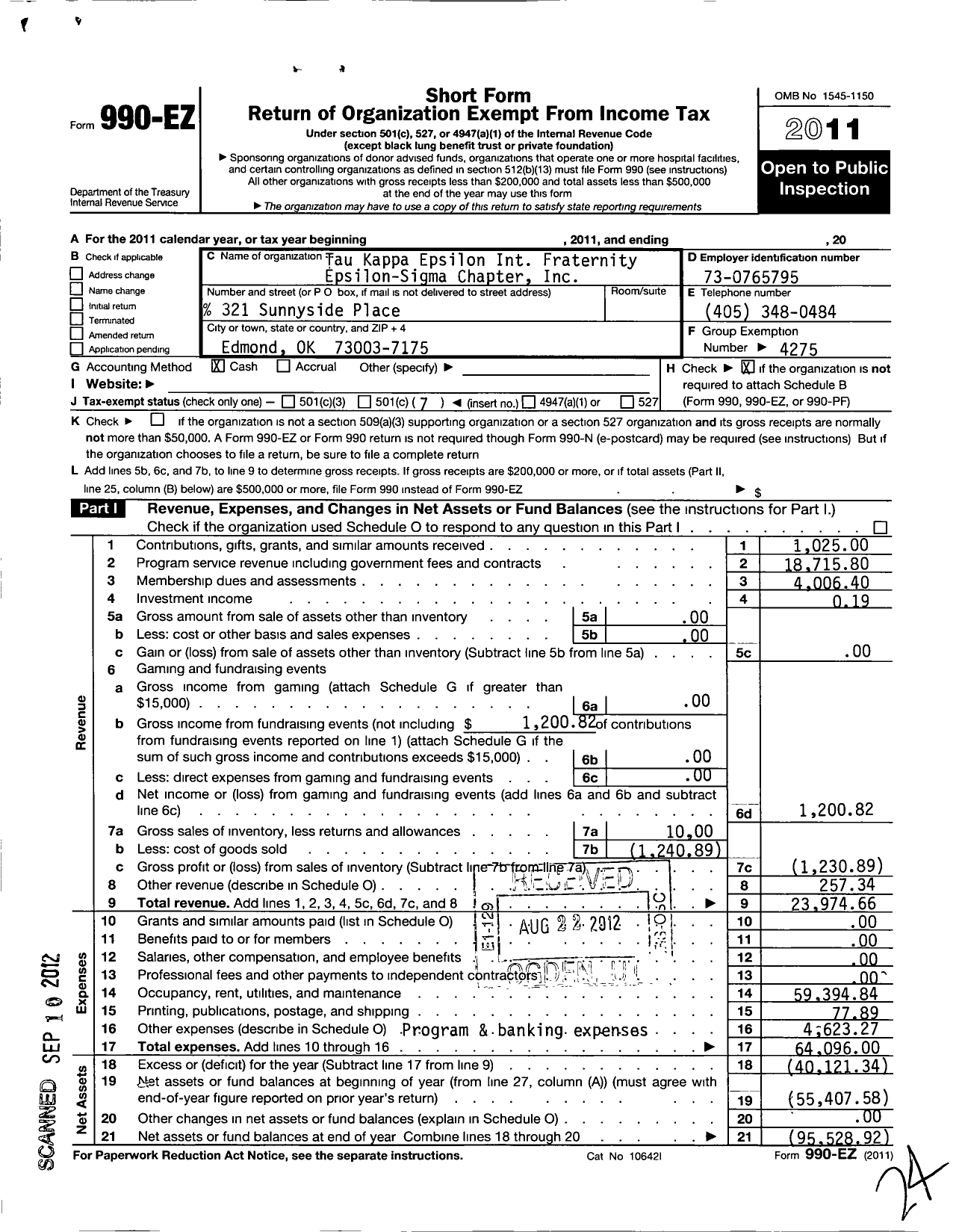 Image of first page of 2011 Form 990EO for Tau Kappa Epsilon Fraternity - 238 Epsilon Sigma Chapter