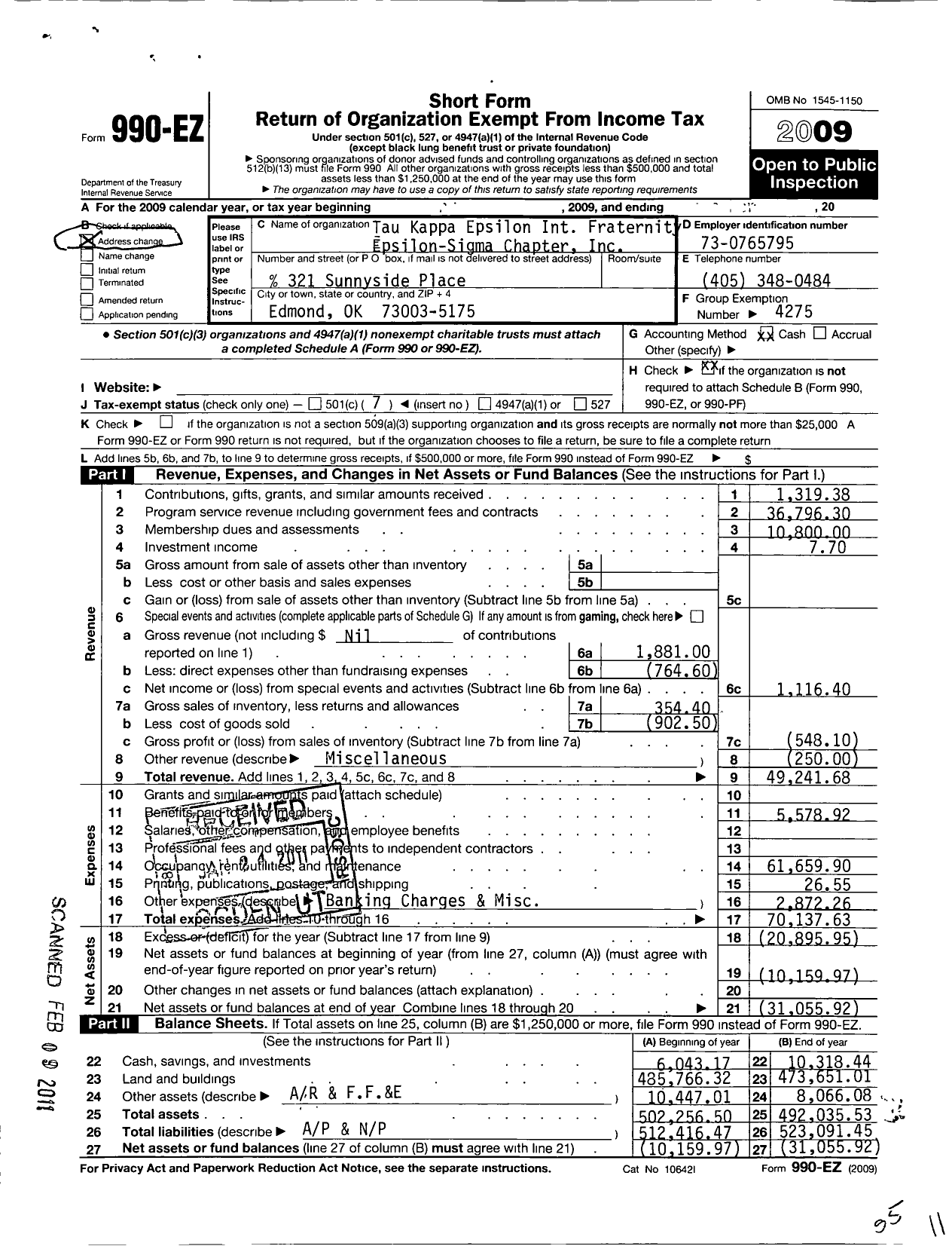 Image of first page of 2009 Form 990EO for Tau Kappa Epsilon Fraternity - 238 Epsilon Sigma Chapter