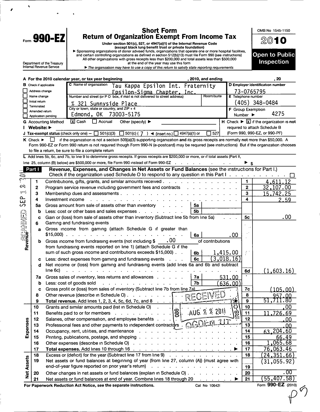 Image of first page of 2010 Form 990EO for Tau Kappa Epsilon Fraternity - 238 Epsilon Sigma Chapter