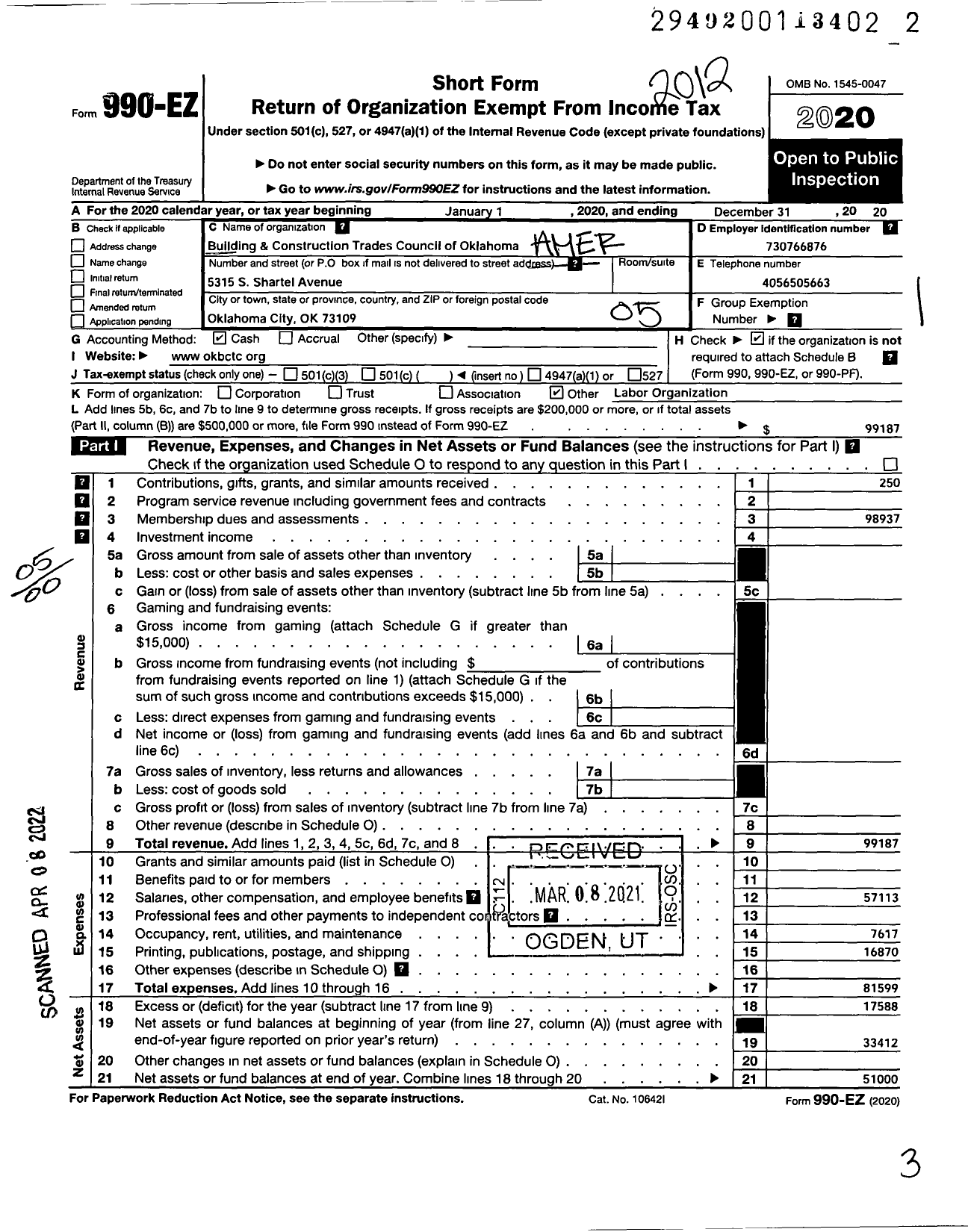 Image of first page of 2020 Form 990EO for AFL-CIO - Oklahoma State BCTC