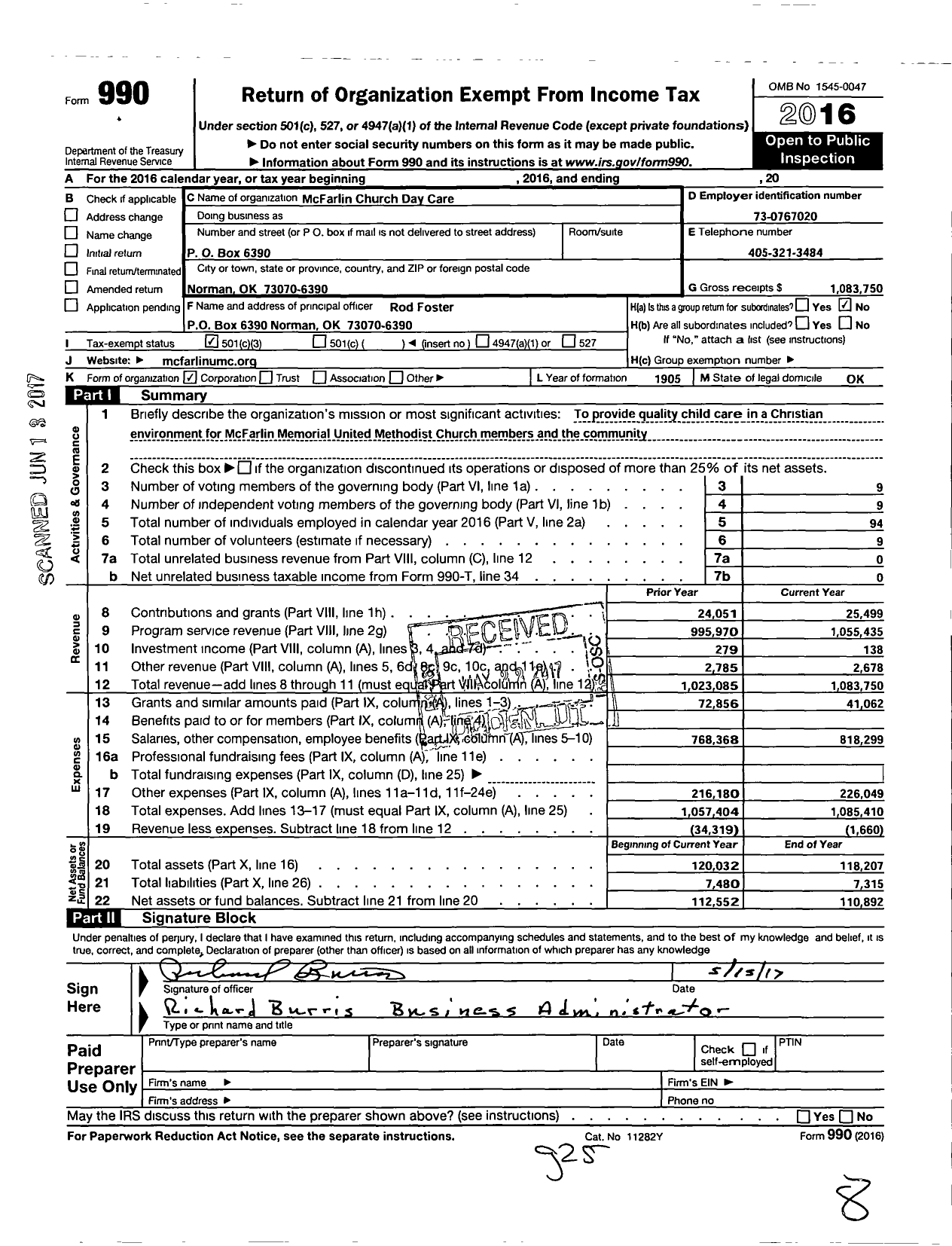 Image of first page of 2016 Form 990 for Mcfarlin Church Day Care