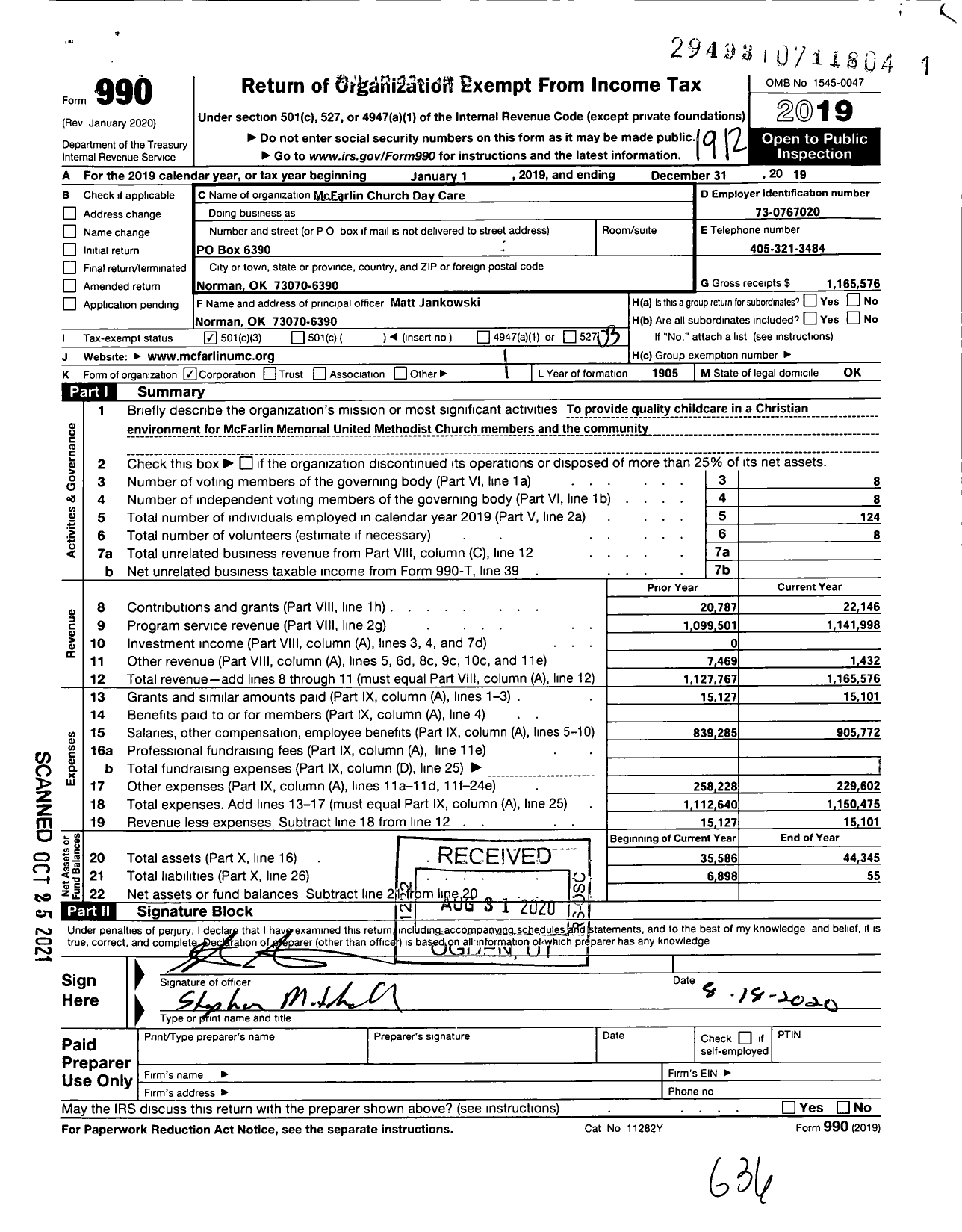 Image of first page of 2019 Form 990 for Mcfarlin Church Day Care