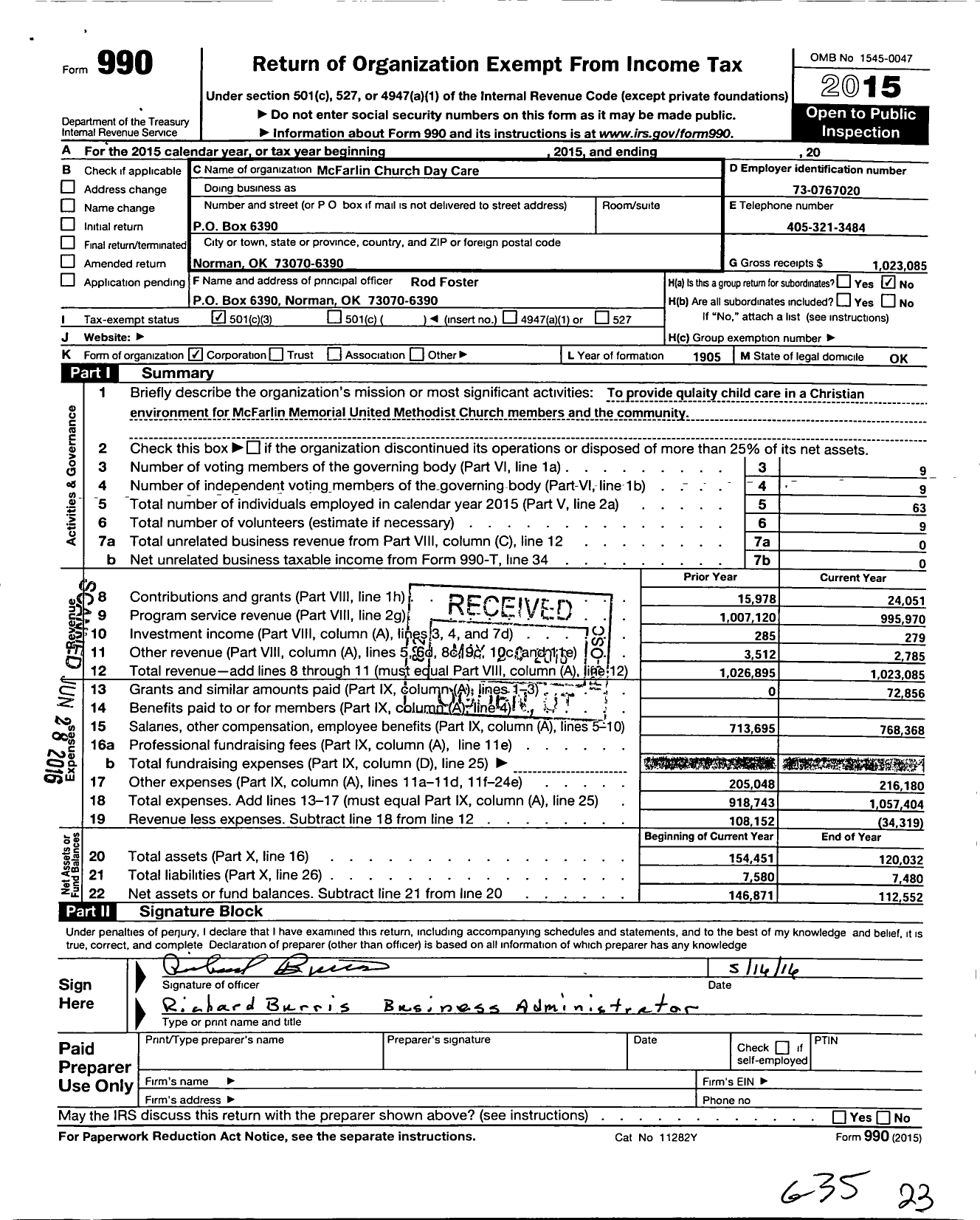 Image of first page of 2015 Form 990 for Mcfarlin Church Day Care