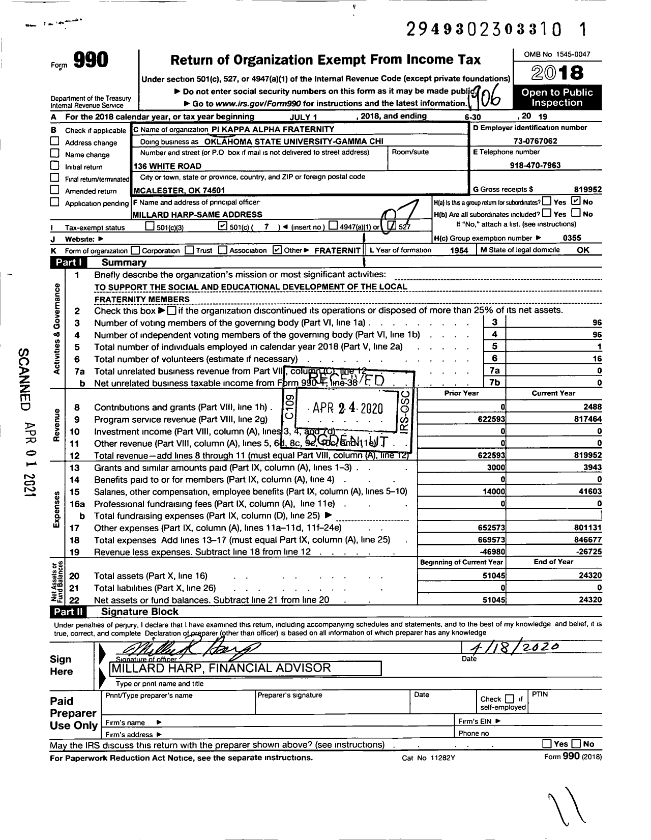 Image of first page of 2018 Form 990O for Pi Kappa Alpha Fraternity - Gamma Chi Chapter