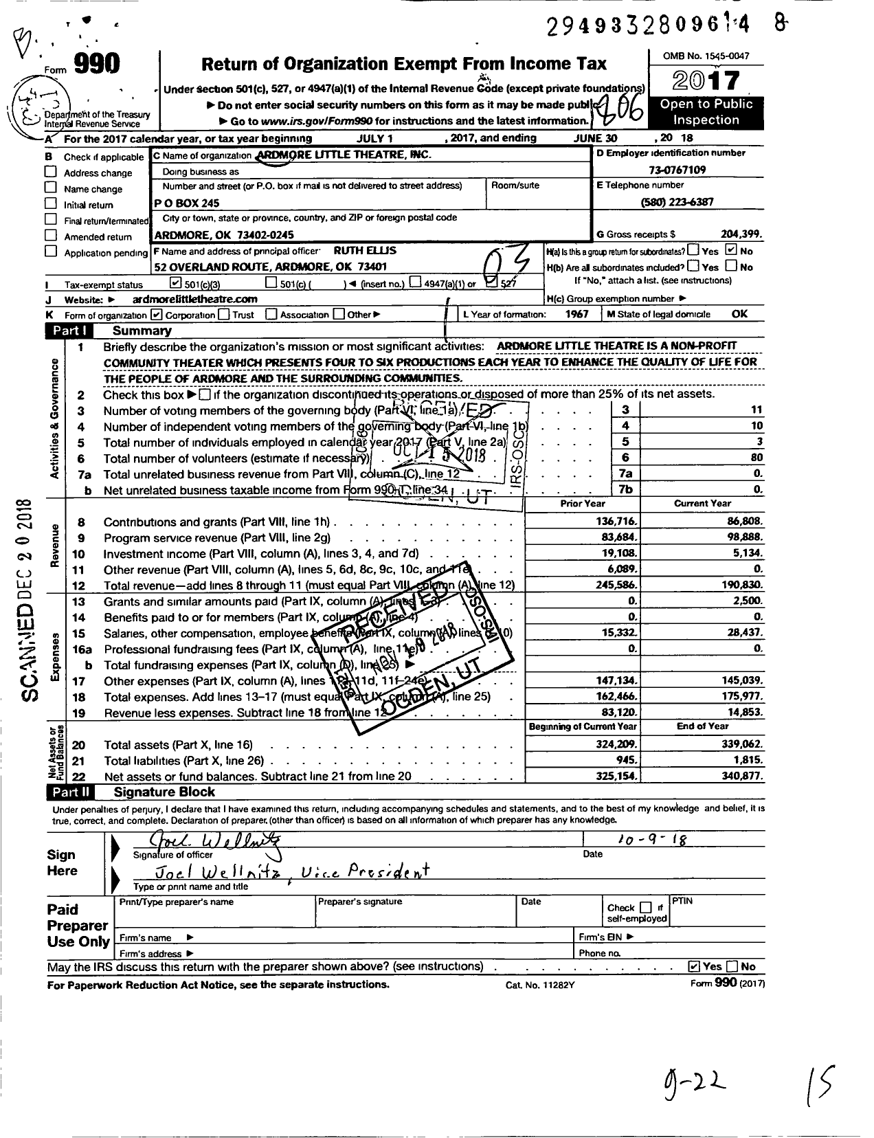 Image of first page of 2017 Form 990 for Ardmore Little Theatre