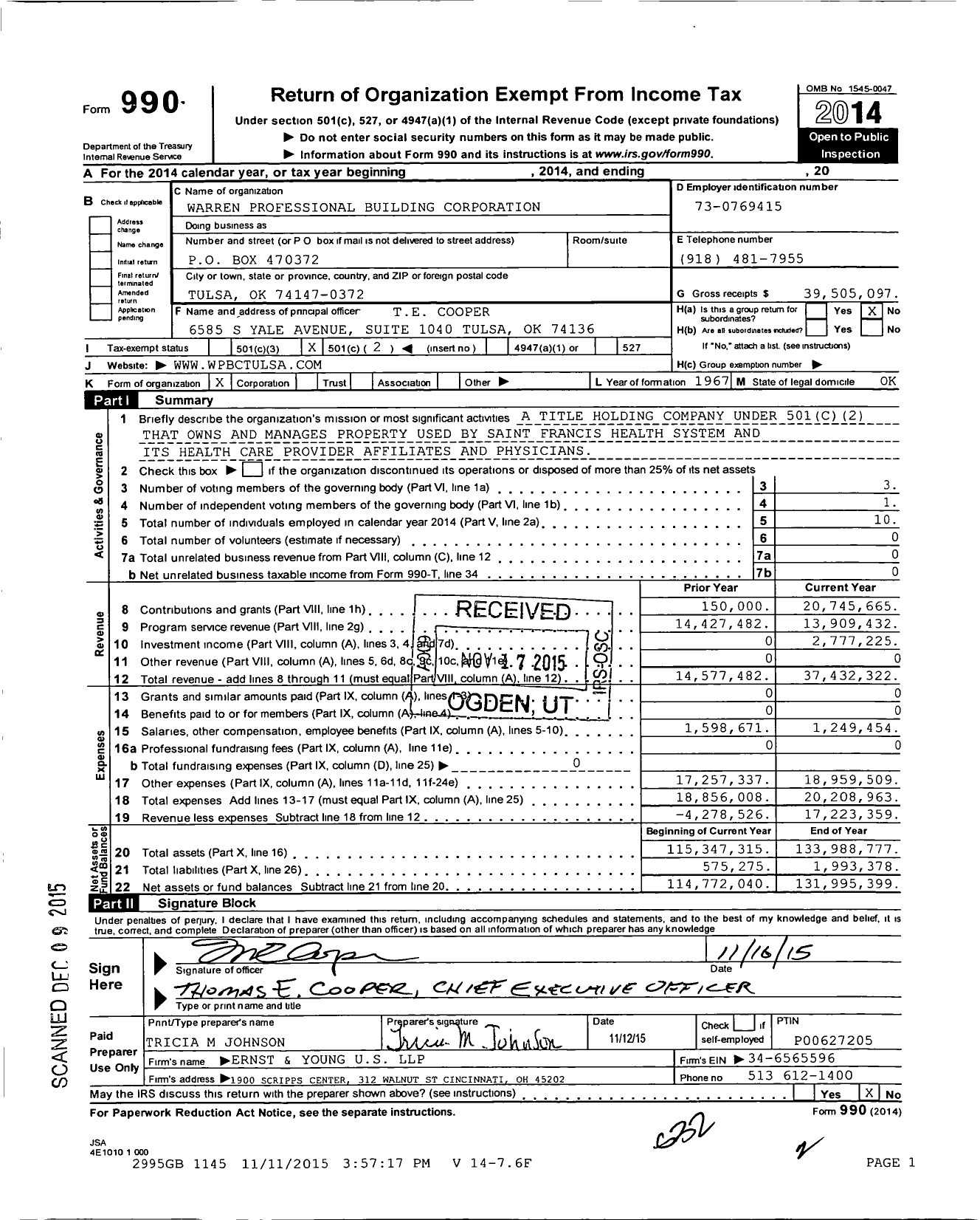 Image of first page of 2014 Form 990O for Warren Professional Building Corporation