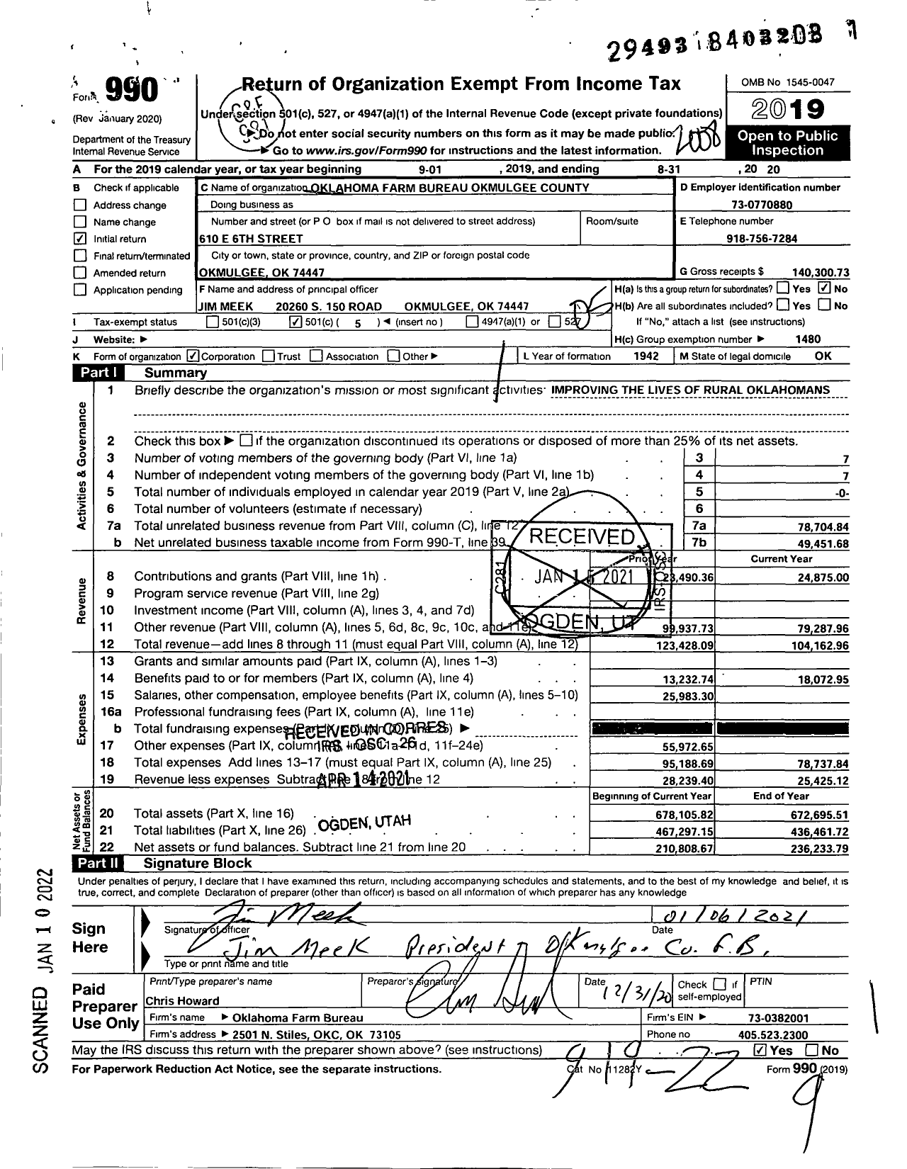 Image of first page of 2019 Form 990O for Oklahoma Farm Bureau - Okmulgee County