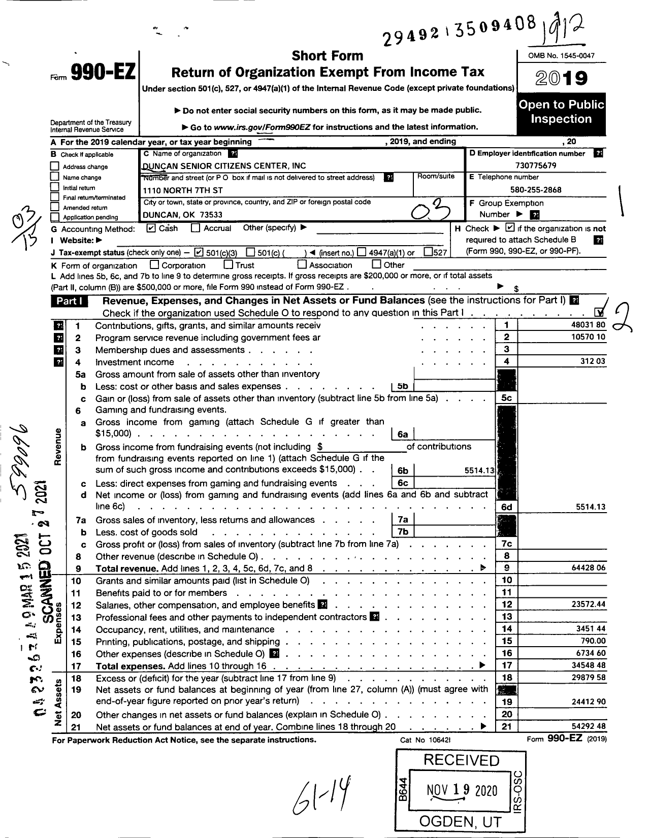 Image of first page of 2019 Form 990EZ for Duncan Senior Citizens Center