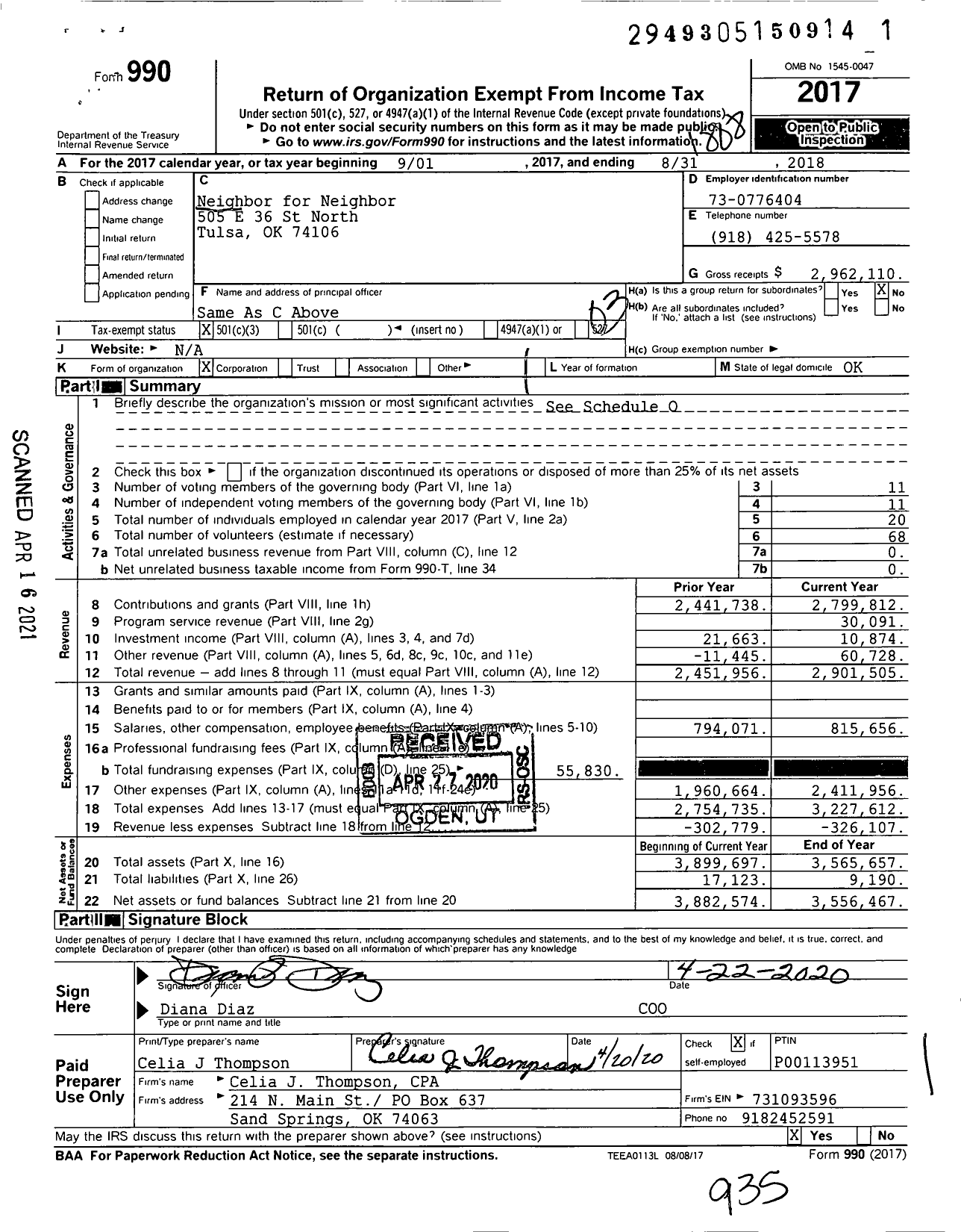 Image of first page of 2017 Form 990 for Neighbor for Neighbor