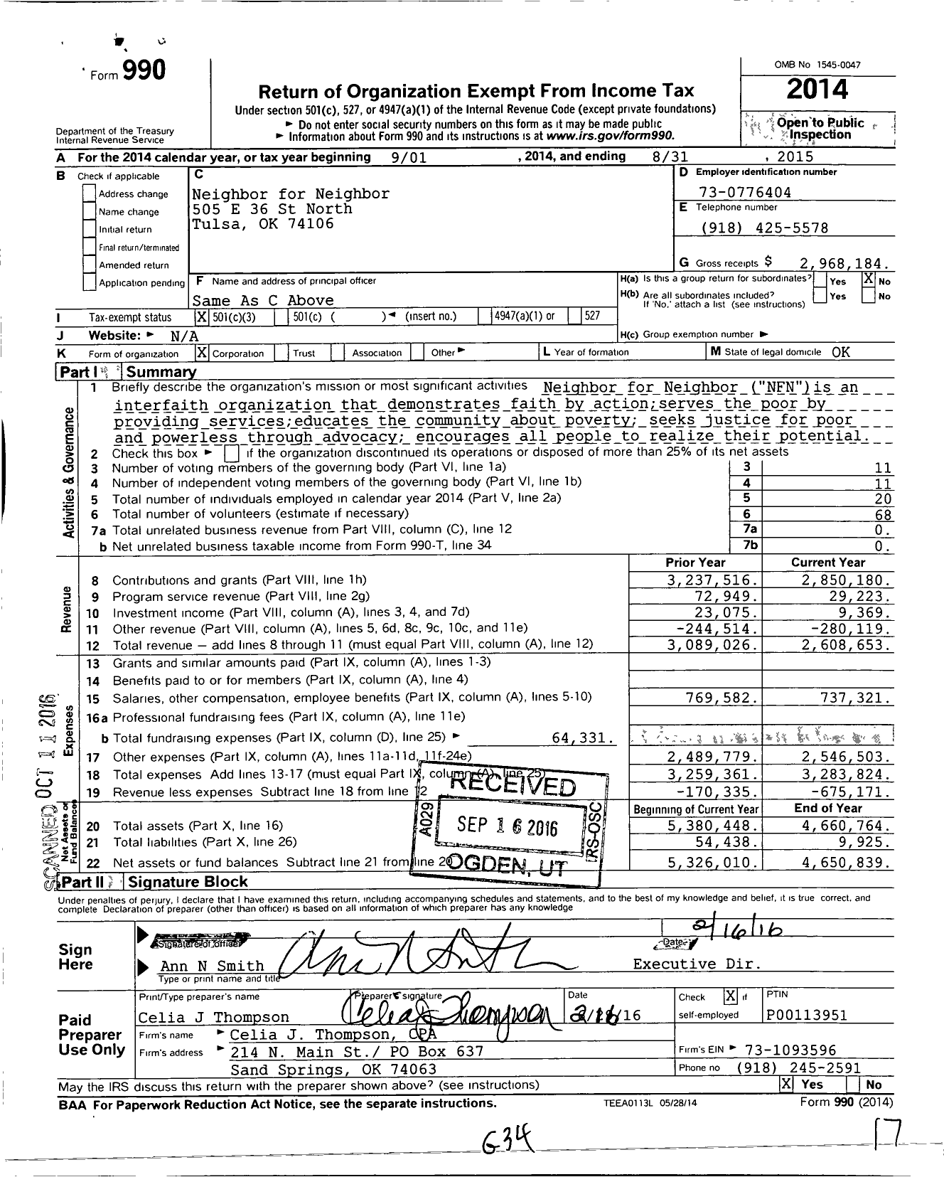Image of first page of 2014 Form 990 for Neighbor for Neighbor