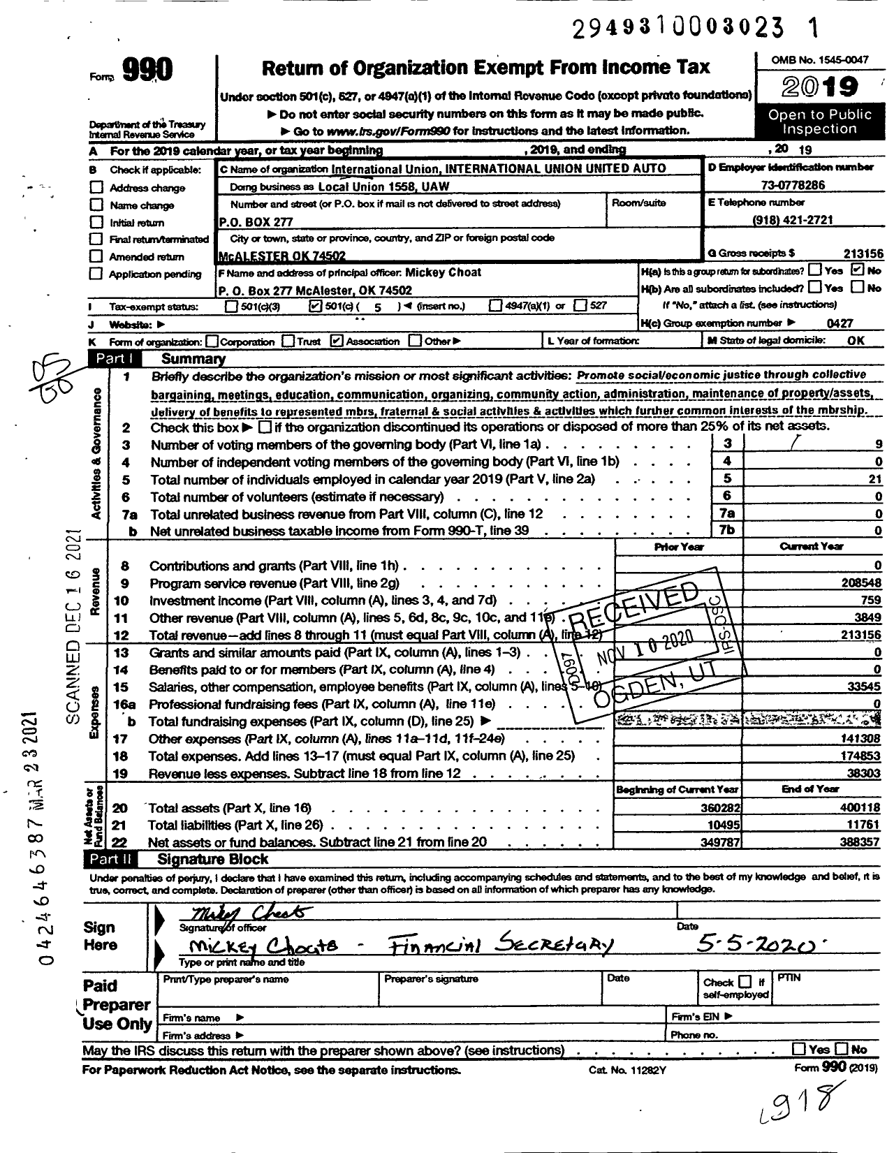 Image of first page of 2019 Form 990O for International Union Uaw Local 1558