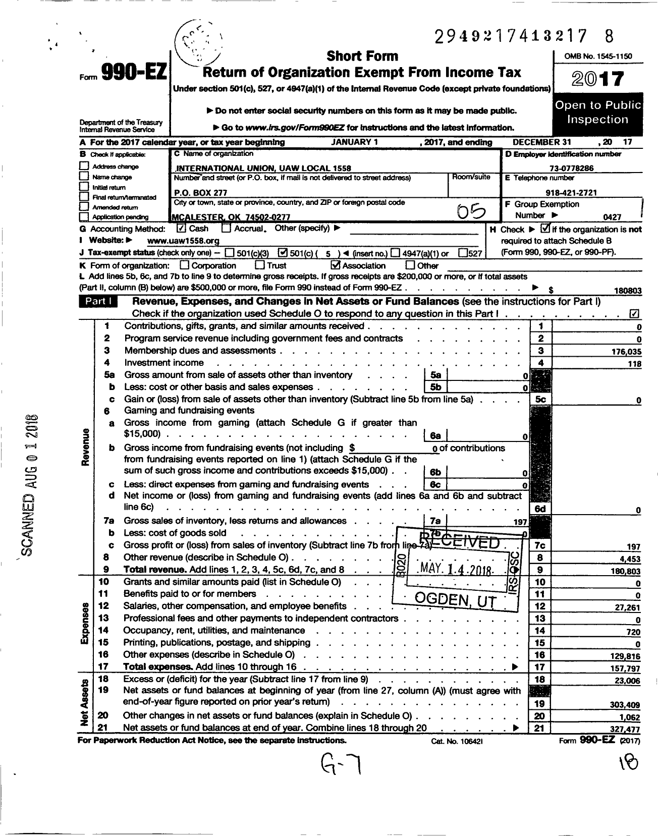 Image of first page of 2017 Form 990EO for International Union Uaw Local 1558