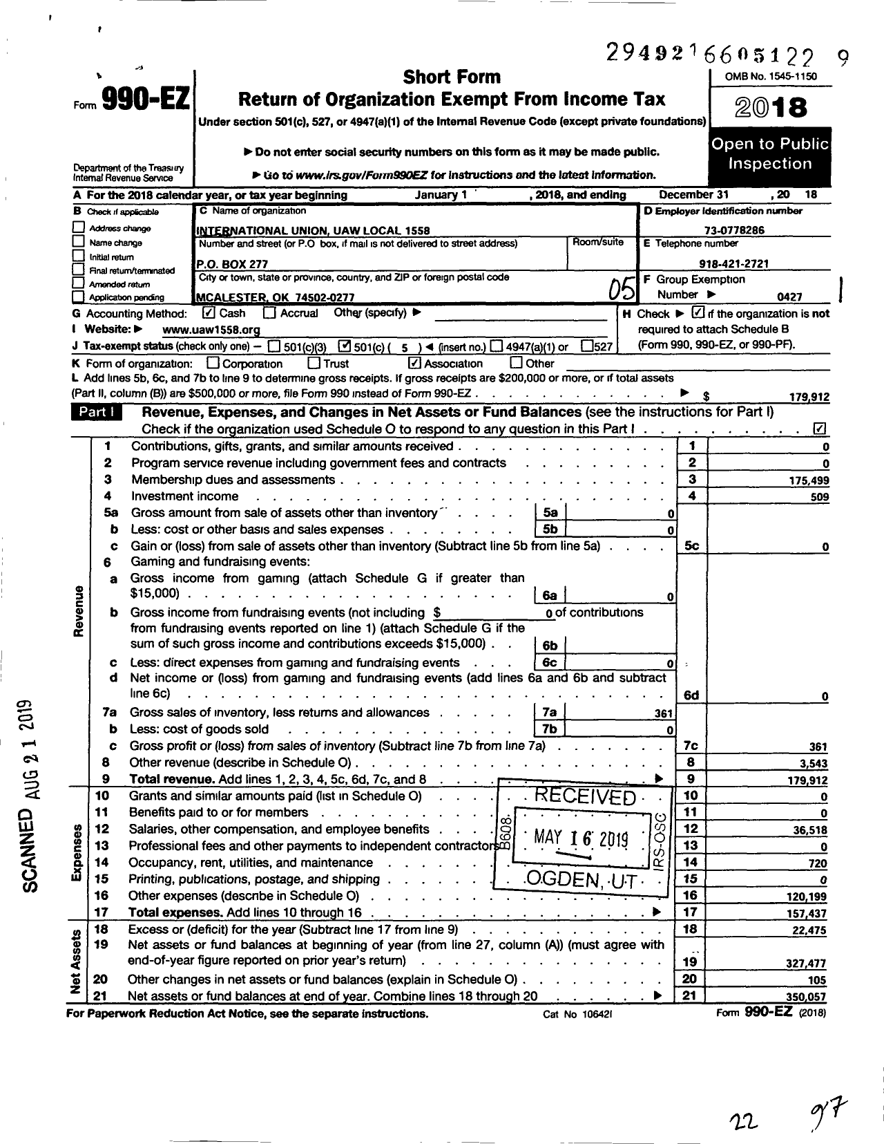 Image of first page of 2018 Form 990EO for International Union Uaw Local 1558