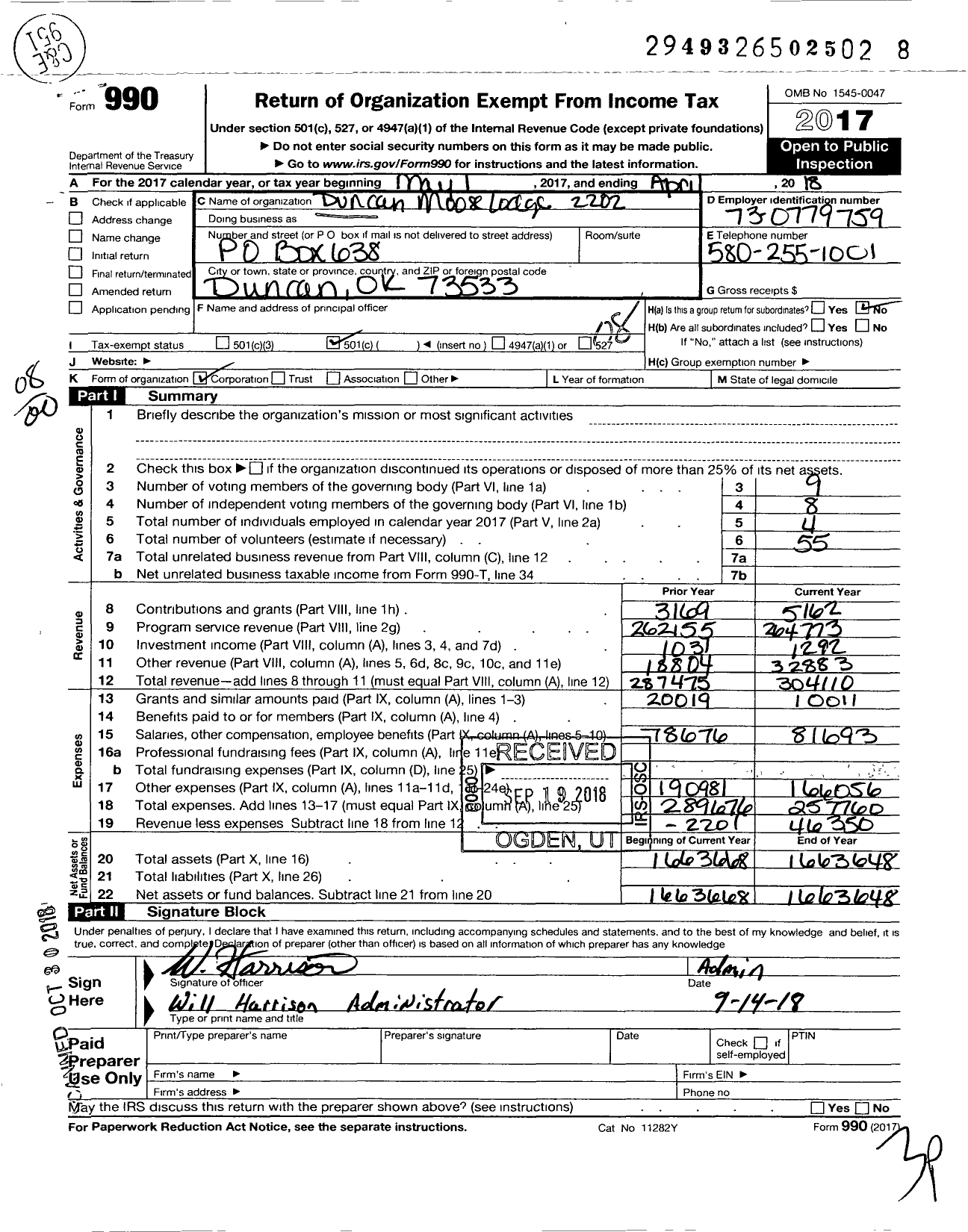 Image of first page of 2017 Form 990O for Loyal Order of Moose - 2202