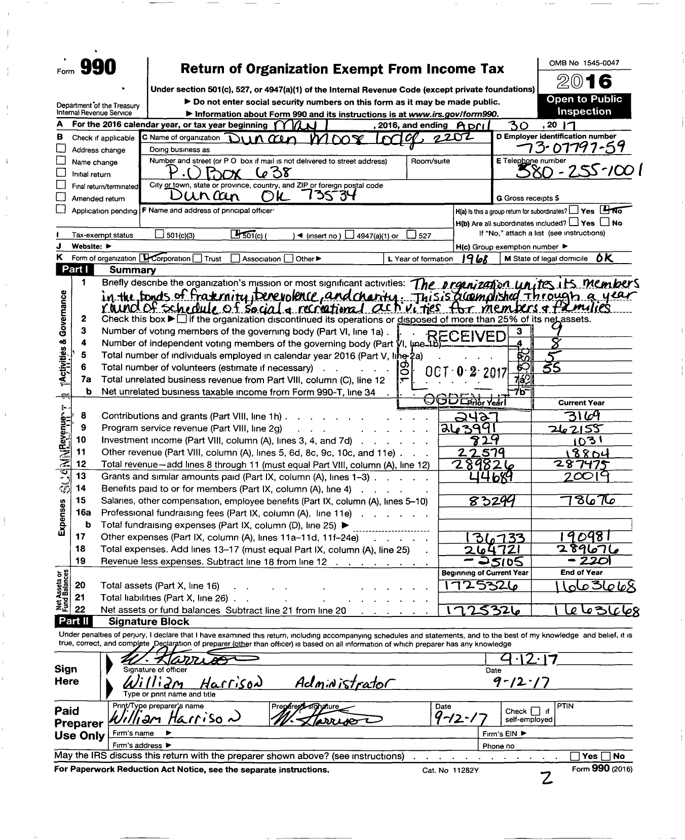 Image of first page of 2016 Form 990O for Loyal Order of Moose - 2202