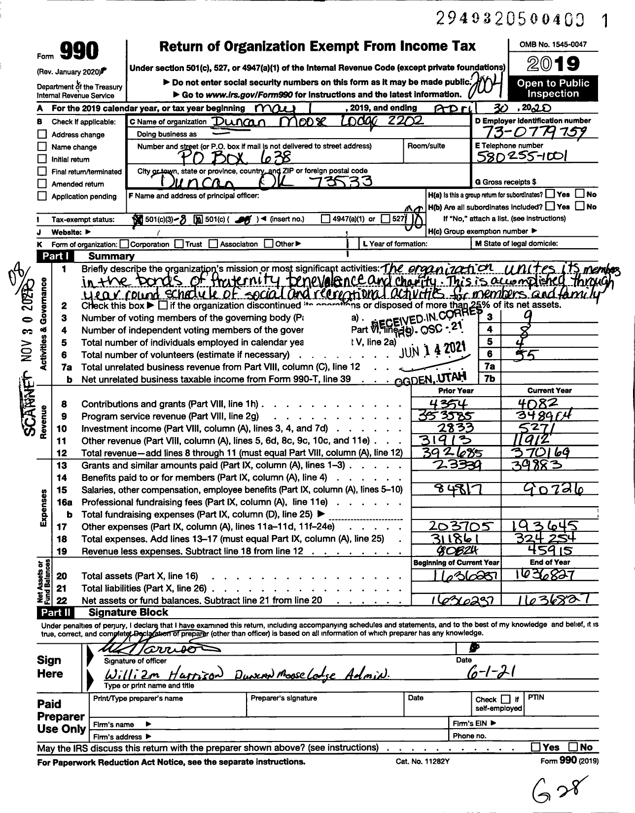 Image of first page of 2019 Form 990O for Loyal Order of Moose - 2202
