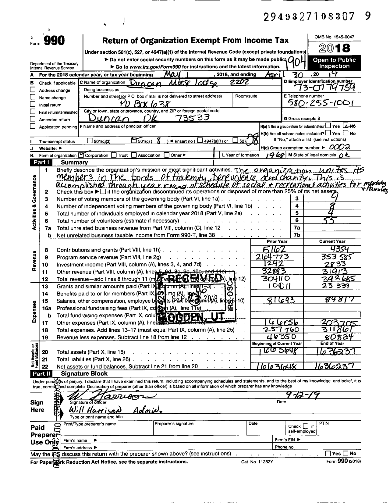 Image of first page of 2018 Form 990O for Loyal Order of Moose - 2202