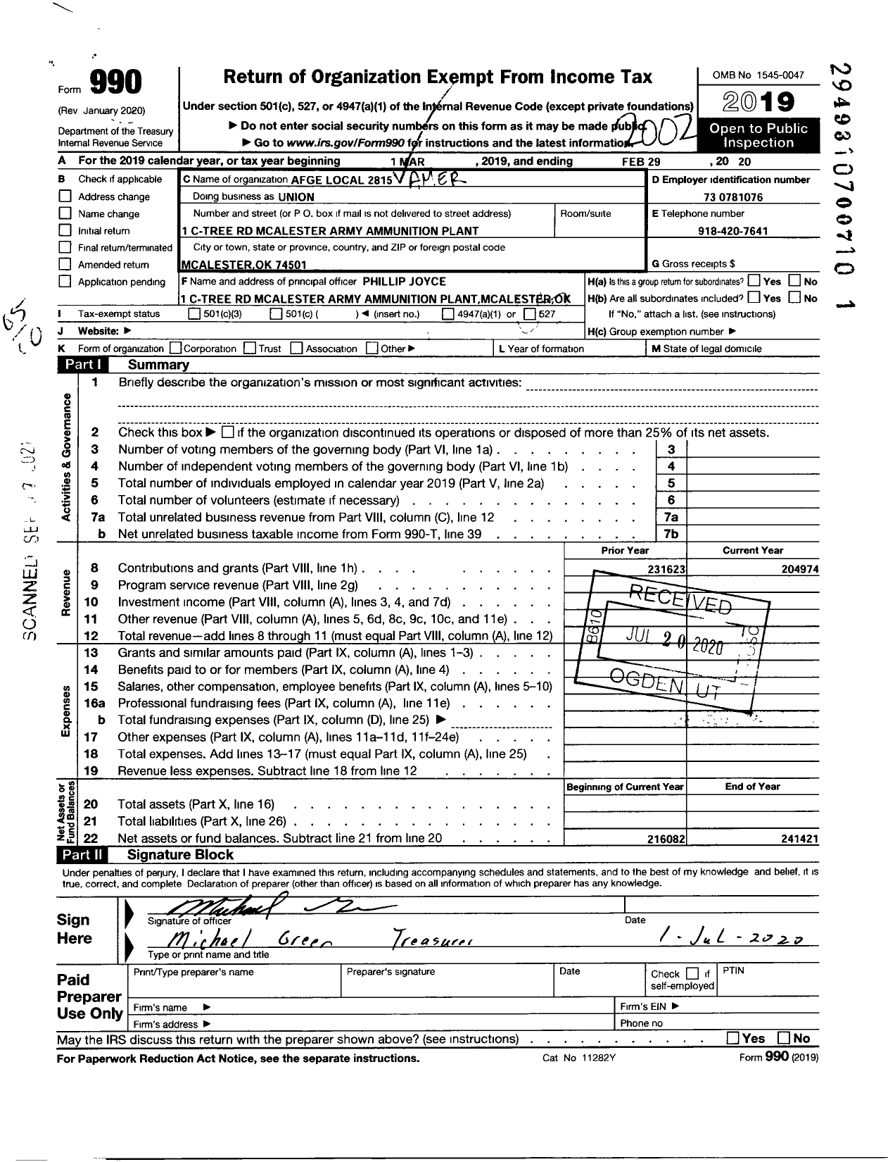 Image of first page of 2019 Form 990O for American Federation of Government Employees - 2815 Local Afge Dod