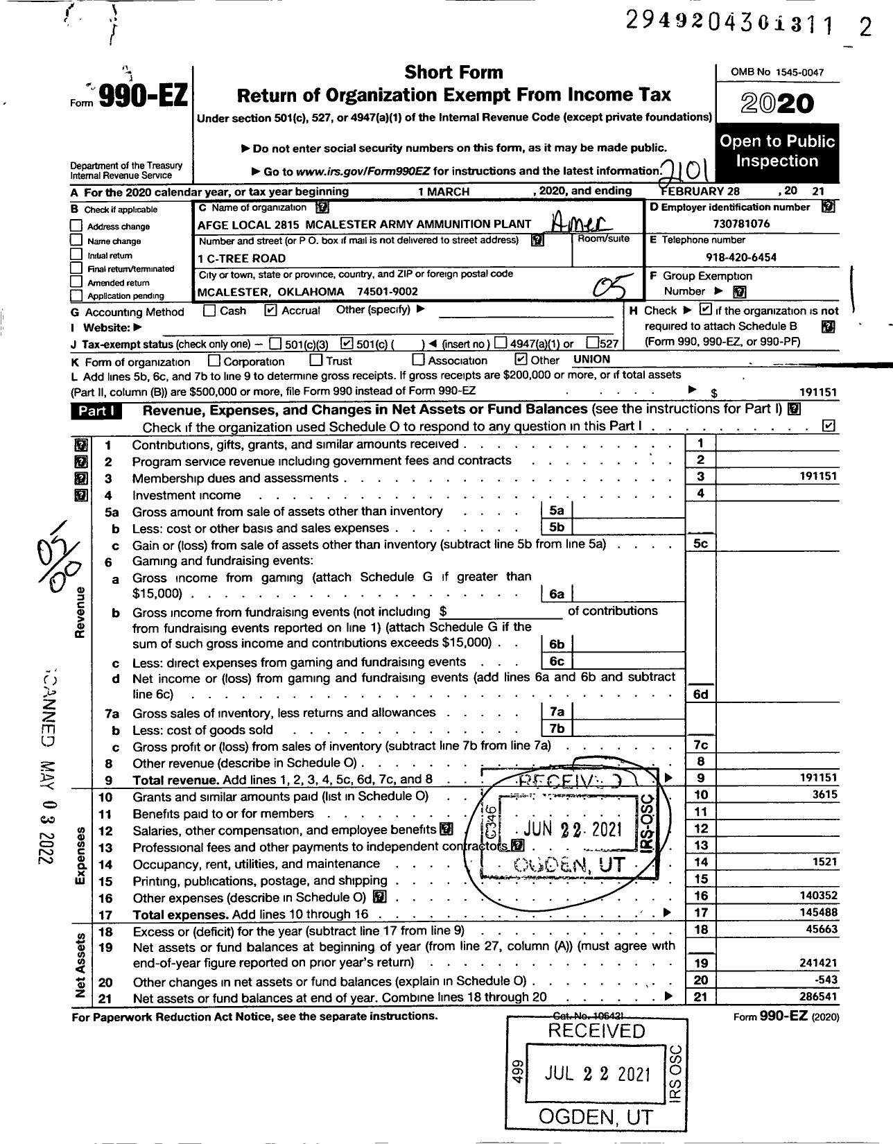 Image of first page of 2020 Form 990EO for American Federation of Government Employees - 2815 Local Afge Dod