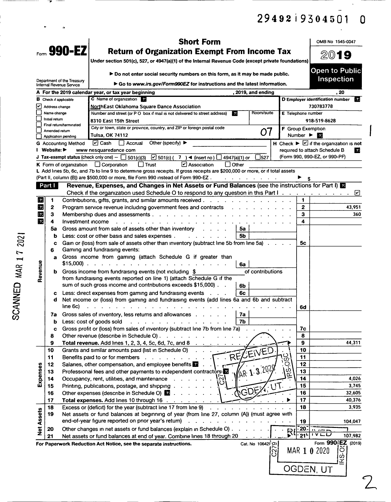 Image of first page of 2019 Form 990EO for Northeast Oklahoma Square Dance Association