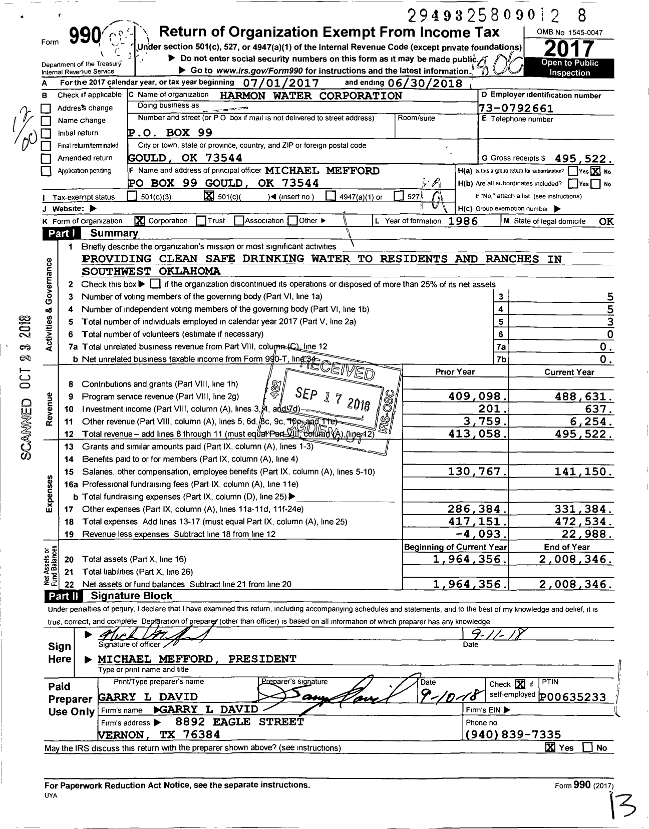 Image of first page of 2017 Form 990O for Harmon Water Corporation