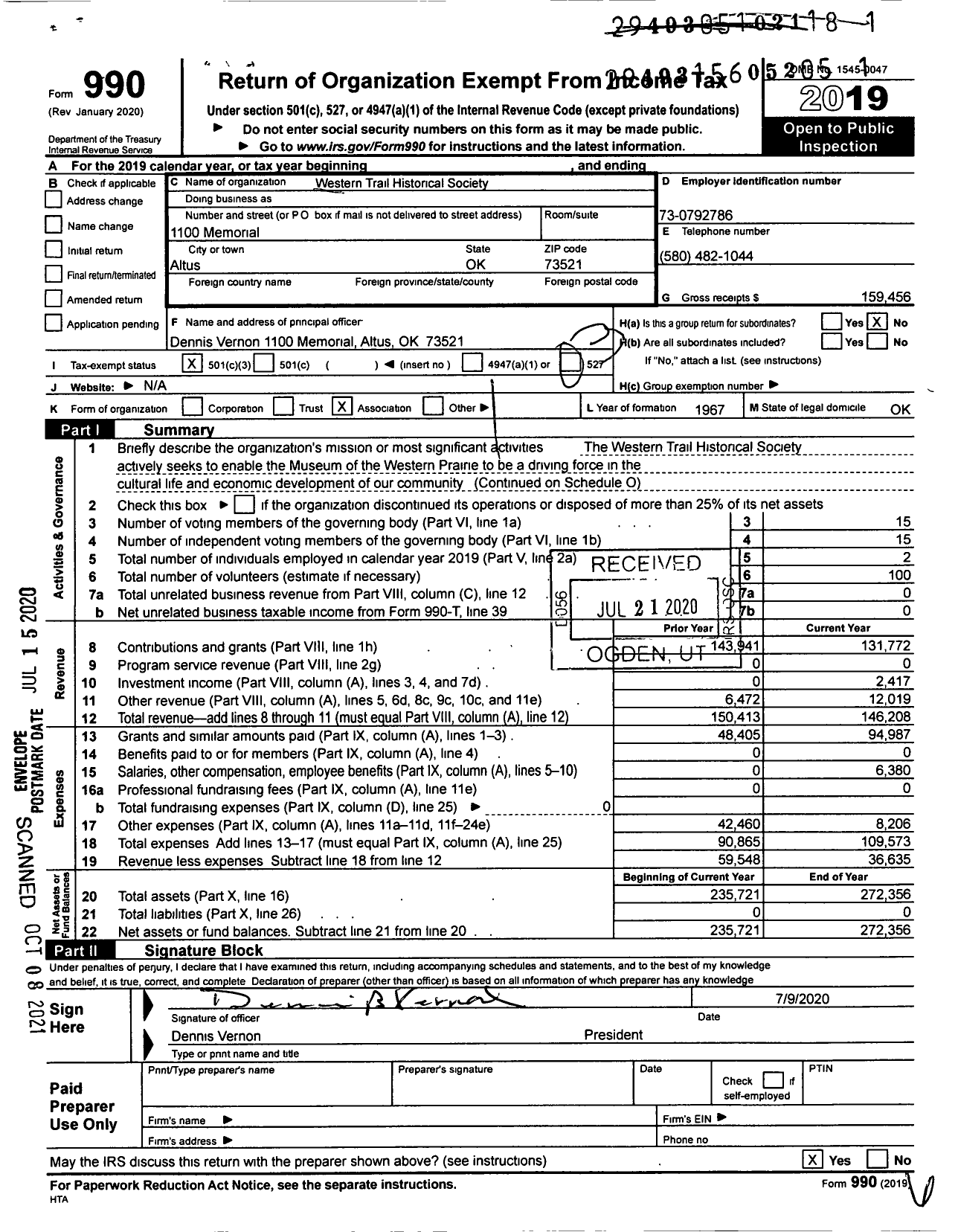 Image of first page of 2019 Form 990 for Western Trail Historical Society