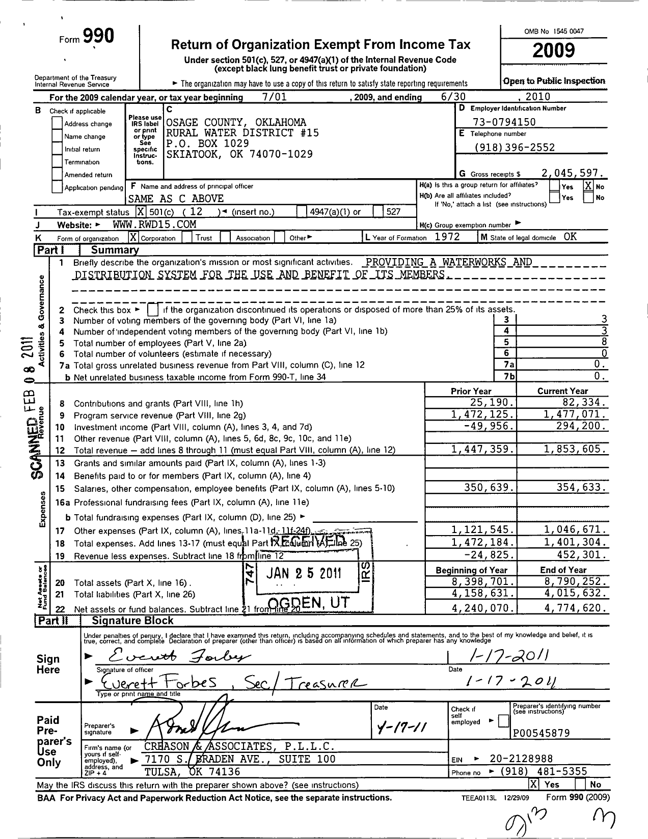 Image of first page of 2009 Form 990O for Osage County Oklahoma Rural Water District 15