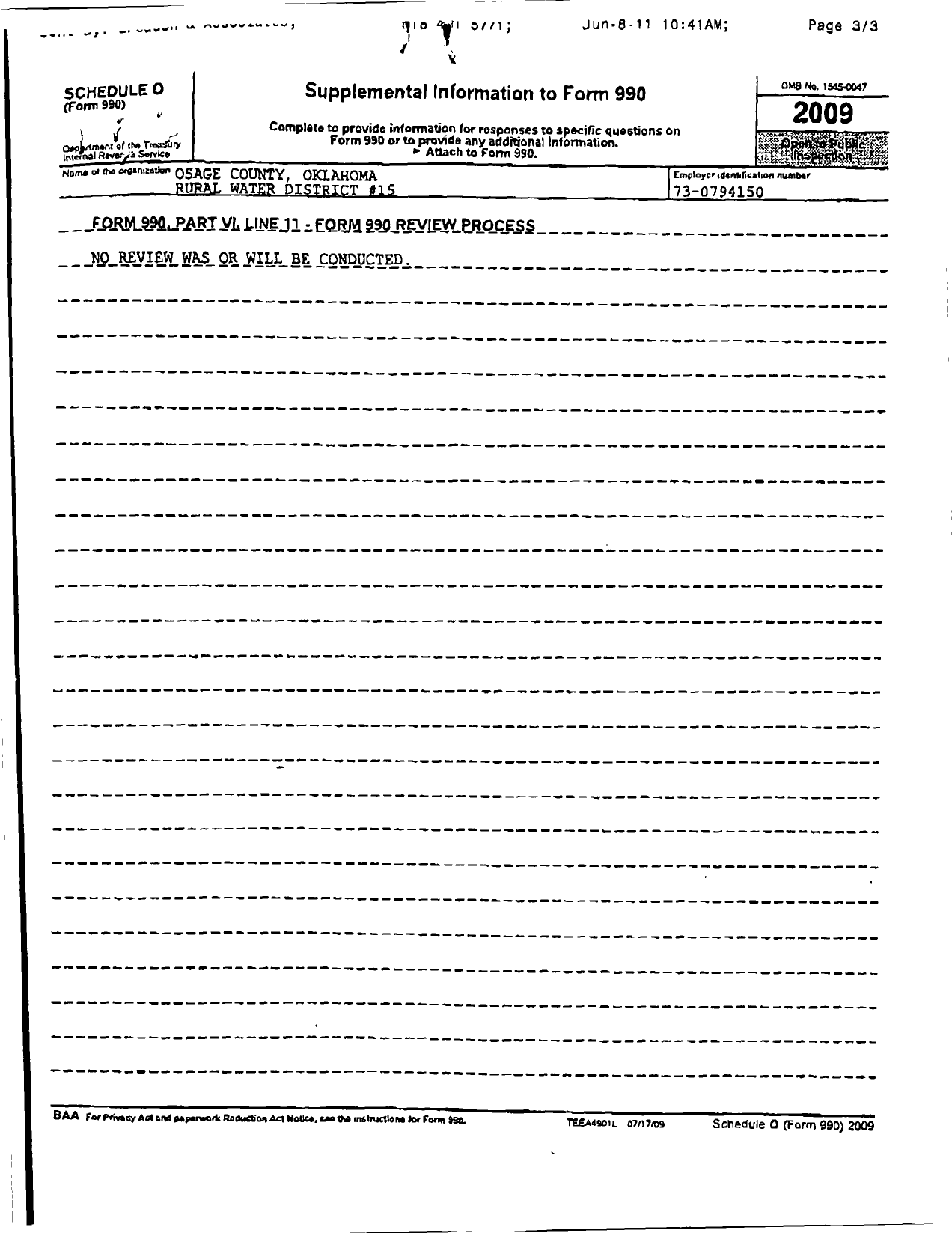 Image of first page of 2009 Form 990OR for Osage County Oklahoma Rural Water District 15