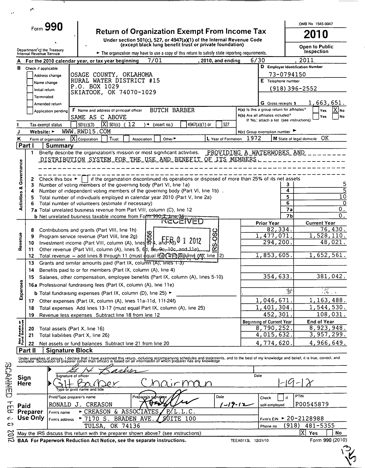 Image of first page of 2010 Form 990O for Osage County Oklahoma Rural Water District 15