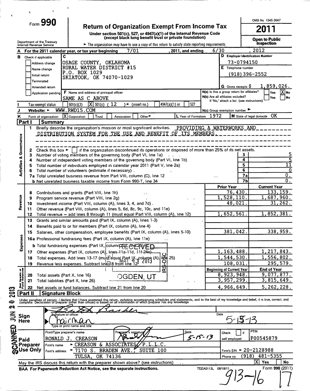 Image of first page of 2011 Form 990O for Osage County Oklahoma Rural Water District 15