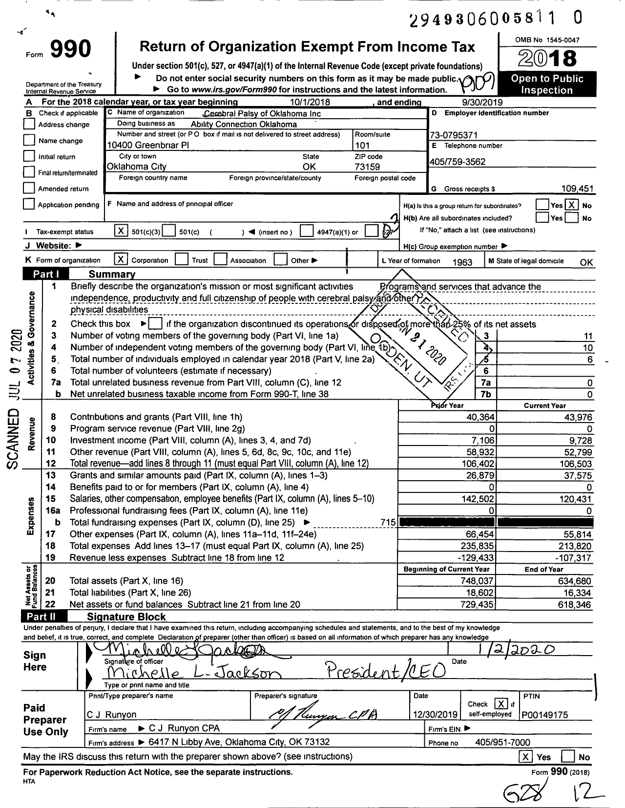 Image of first page of 2018 Form 990 for Ability Connection Oklahoma