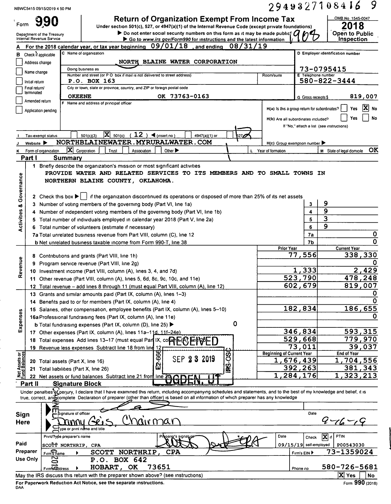 Image of first page of 2018 Form 990O for North Blaine Water Corporation