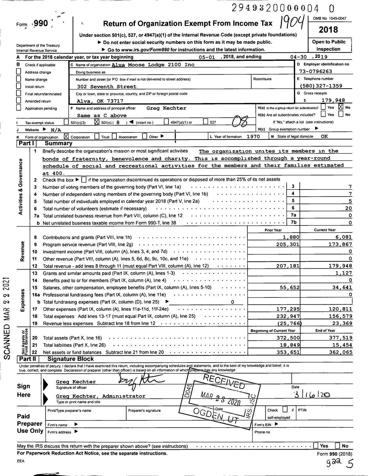 Image of first page of 2018 Form 990O for Loyal Order of Moose - Alva Moose Lodge 2100