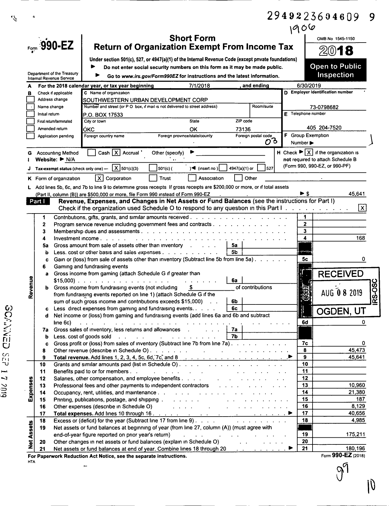 Image of first page of 2018 Form 990EZ for Southwestern Urban Development Corporation