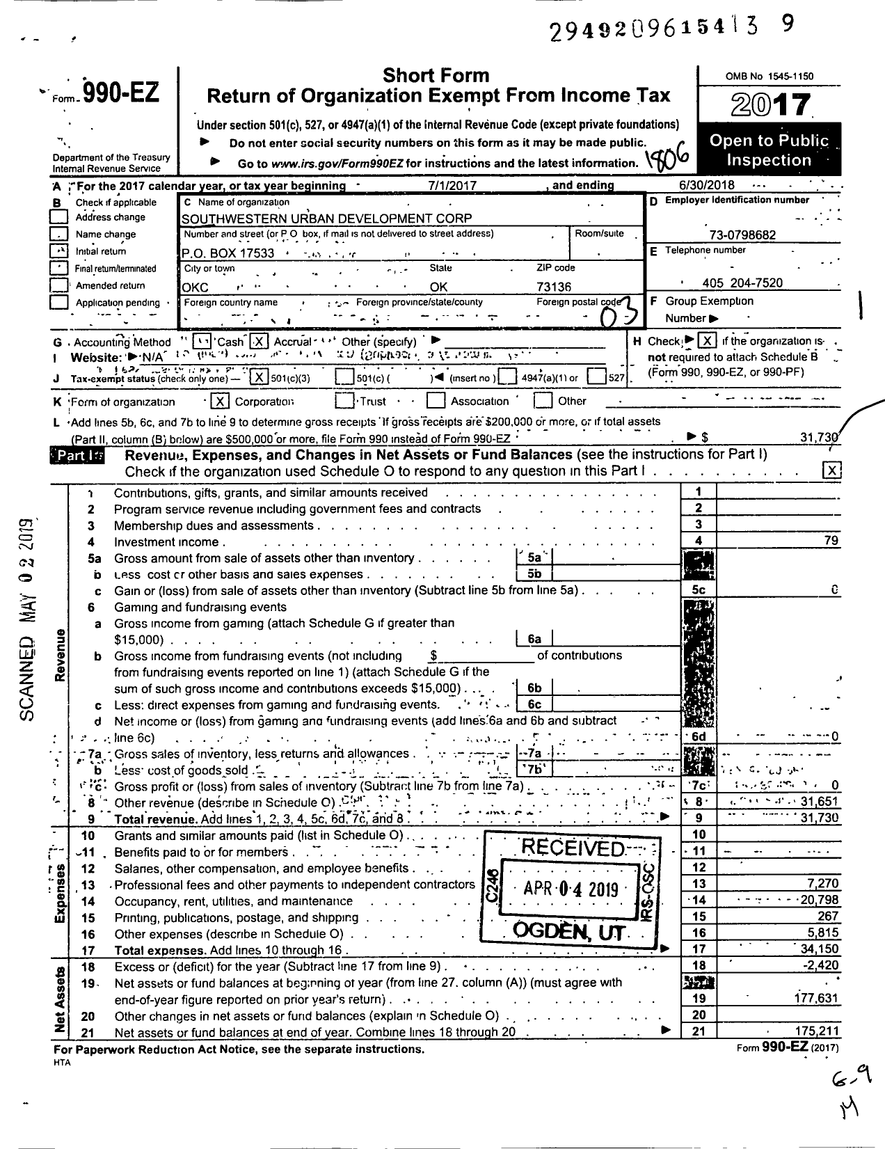 Image of first page of 2017 Form 990EZ for Southwestern Urban Development Corporation