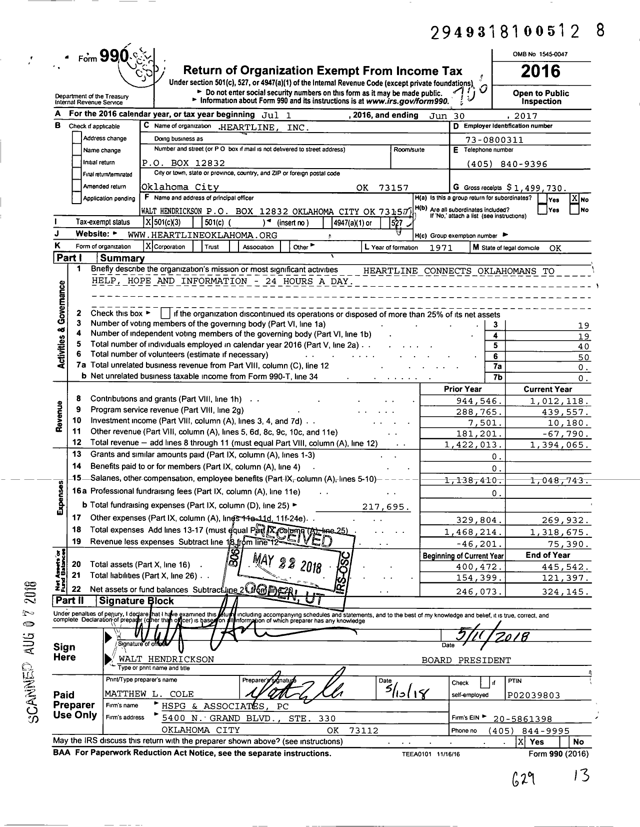 Image of first page of 2016 Form 990 for Heartline