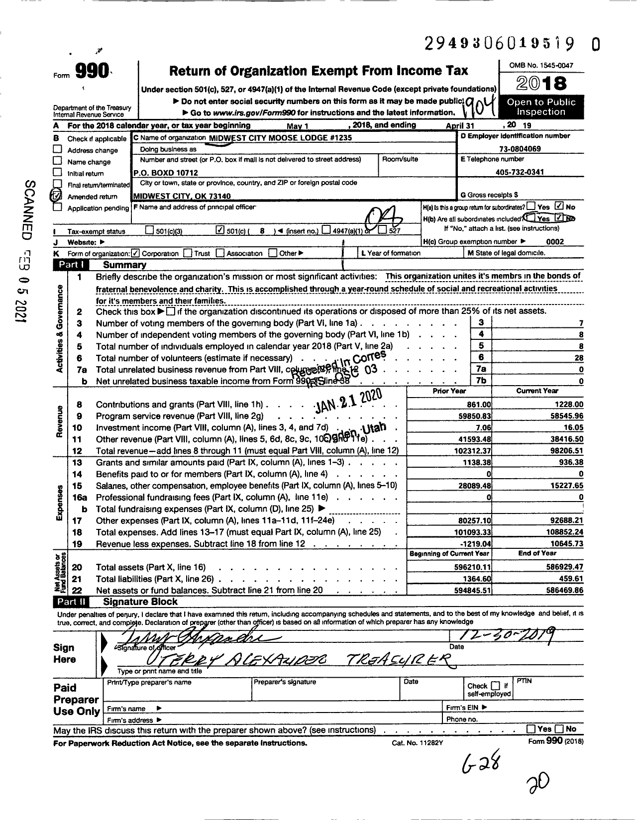 Image of first page of 2018 Form 990O for Loyal Order of Moose - 1235