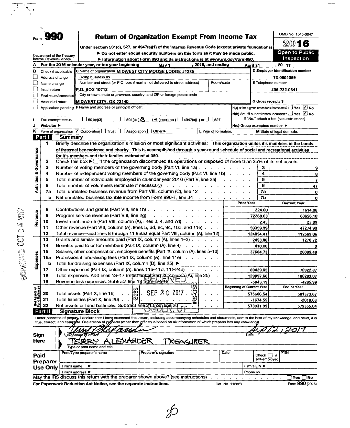 Image of first page of 2016 Form 990O for Loyal Order of Moose - 1235