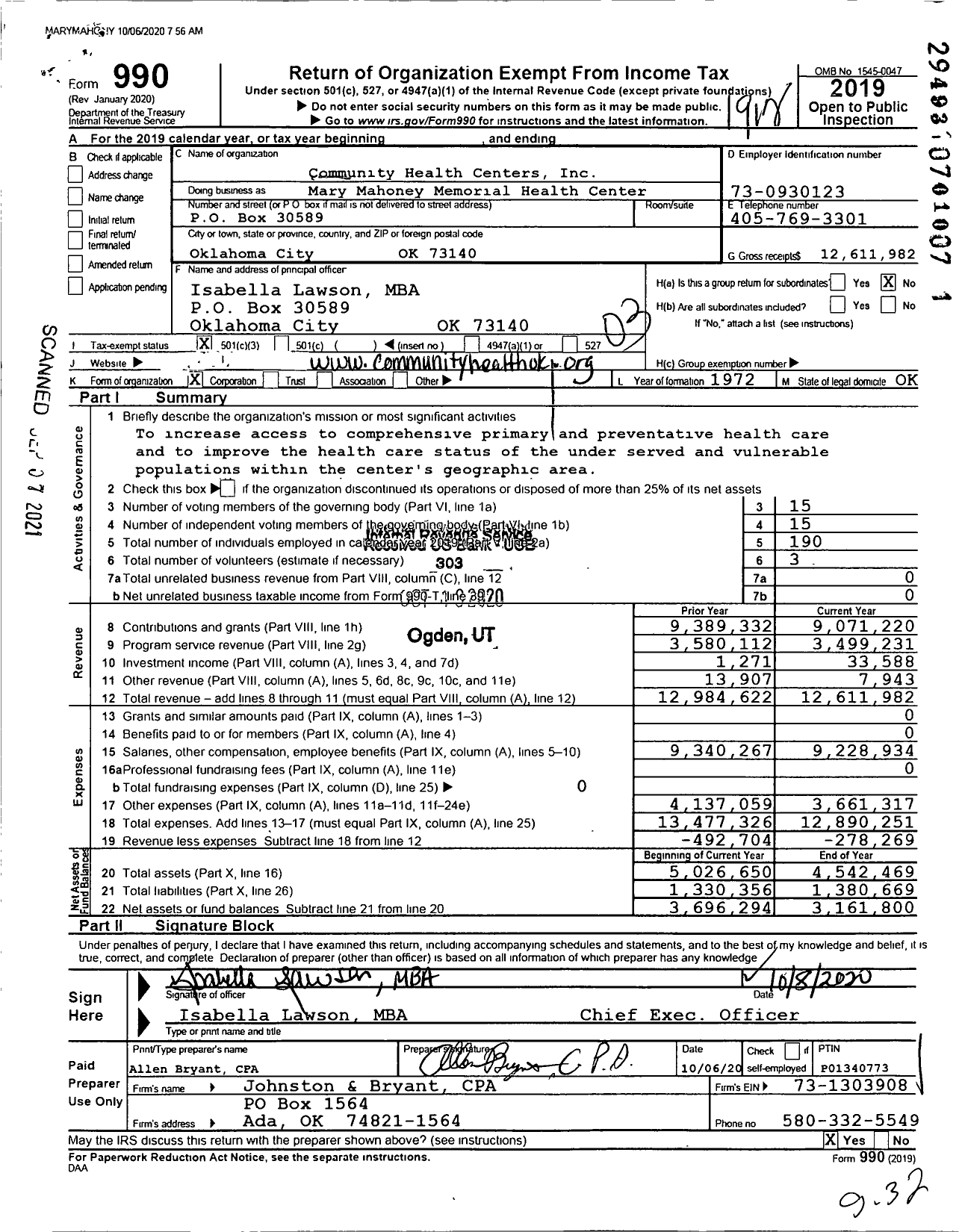 Image of first page of 2019 Form 990 for Mary Mahoney Memorial Health Center
