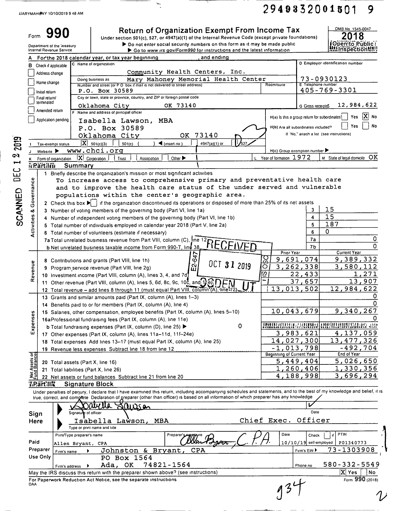 Image of first page of 2018 Form 990 for Mary Mahoney Memorial Health Center