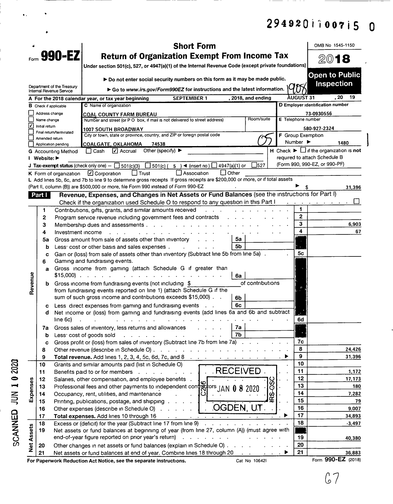 Image of first page of 2018 Form 990EO for Oklahoma Farm Bureau - Coal County