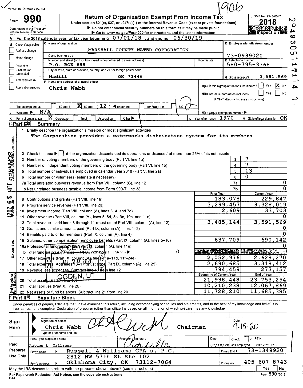 Image of first page of 2018 Form 990O for Marshall County Water Corporation