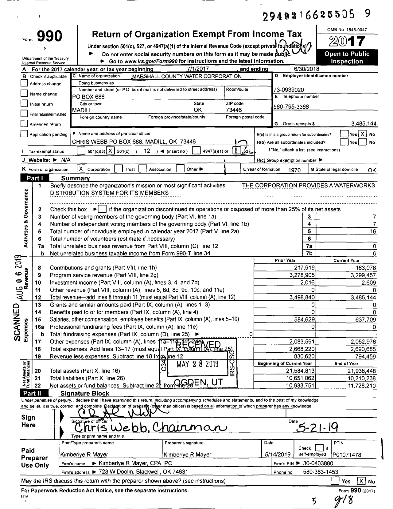 Image of first page of 2017 Form 990O for Marshall County Water Corporation