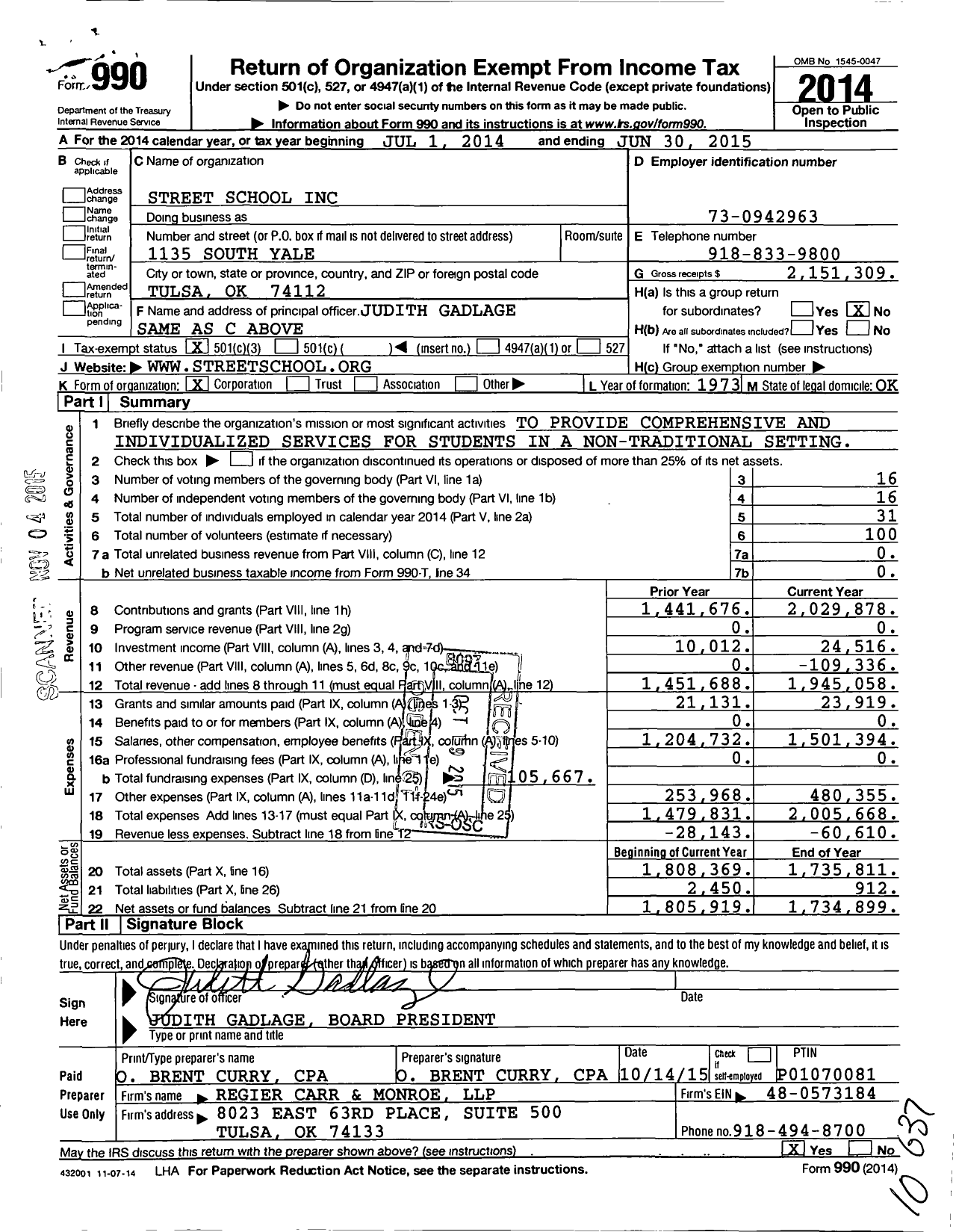 Image of first page of 2014 Form 990 for Street School