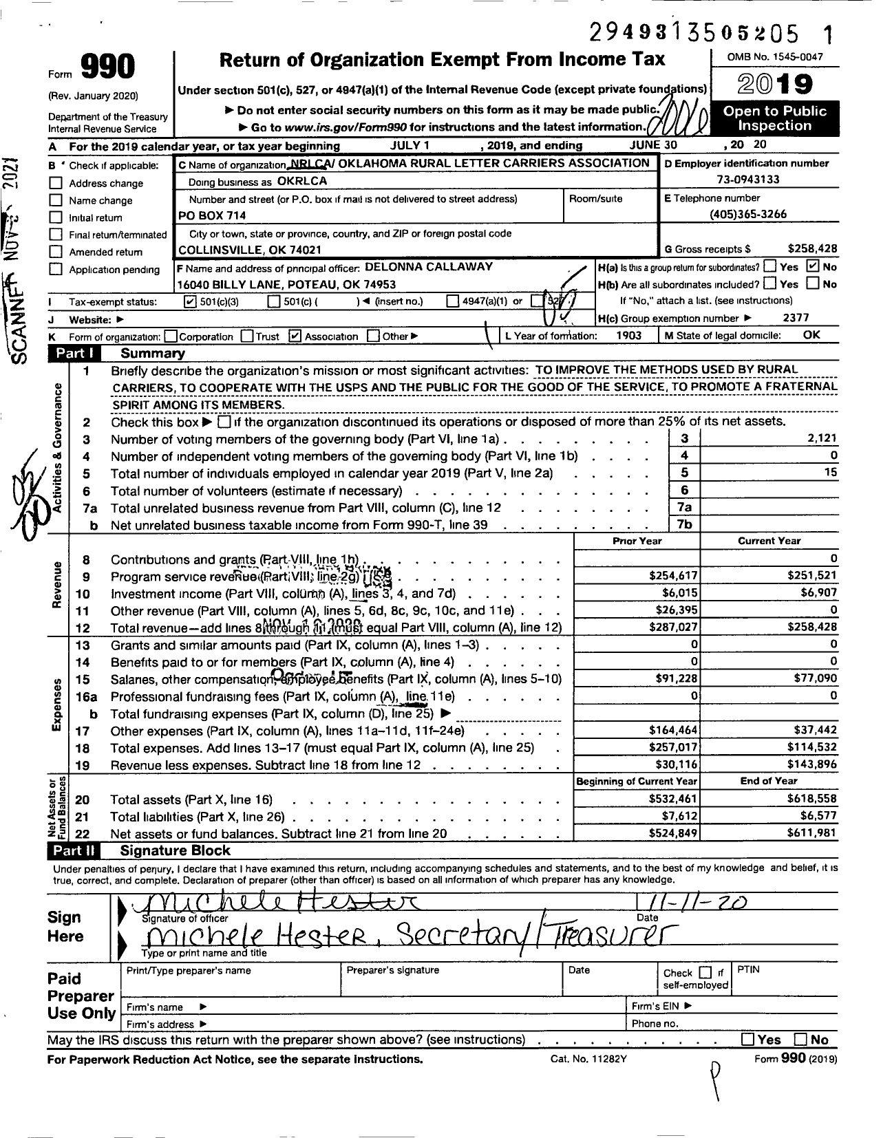 Image of first page of 2019 Form 990O for Oklahoma Rural Letter Carriers Association (OKRLCA)