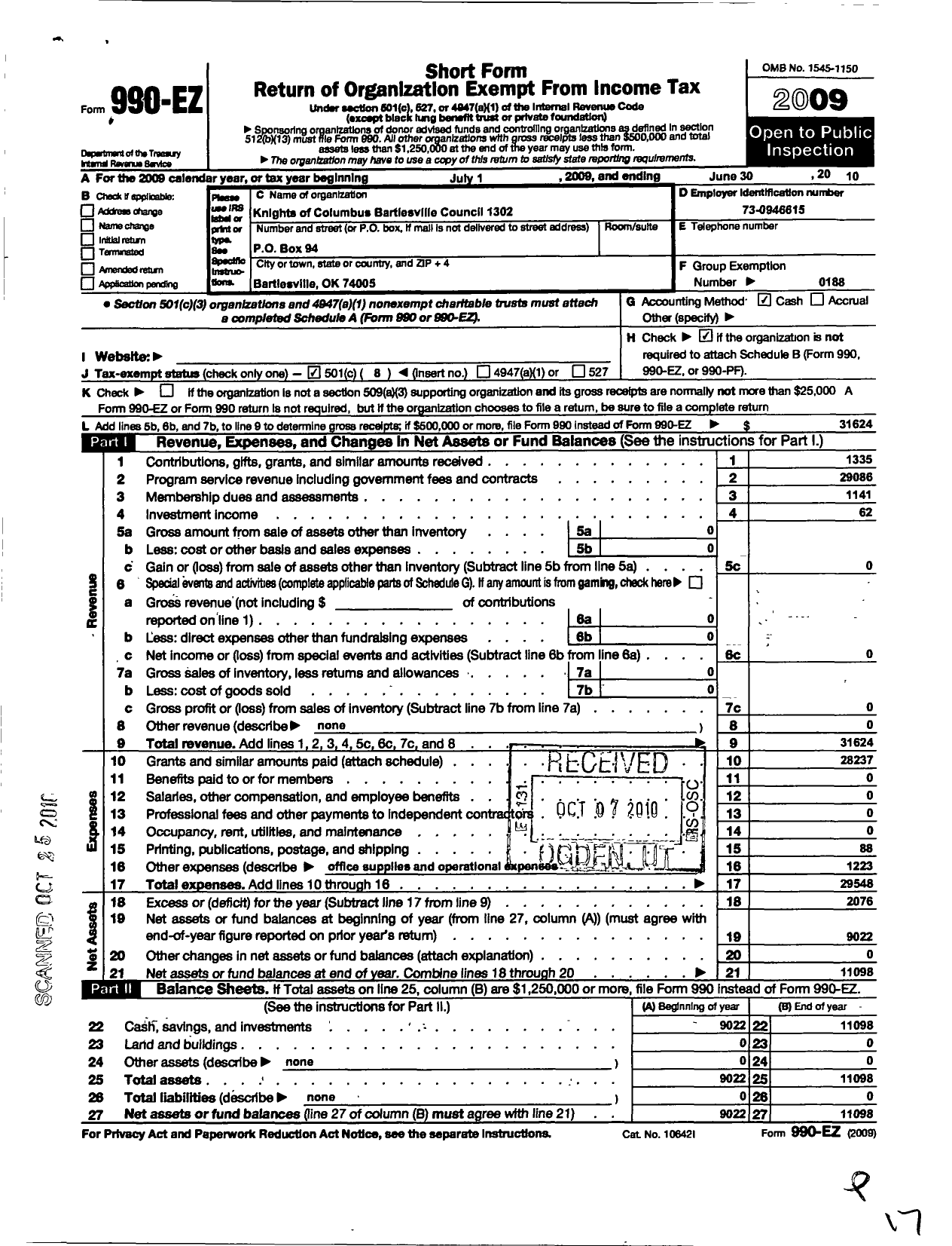 Image of first page of 2009 Form 990EO for Knights of Columbus - 1302 Bartlesville Council